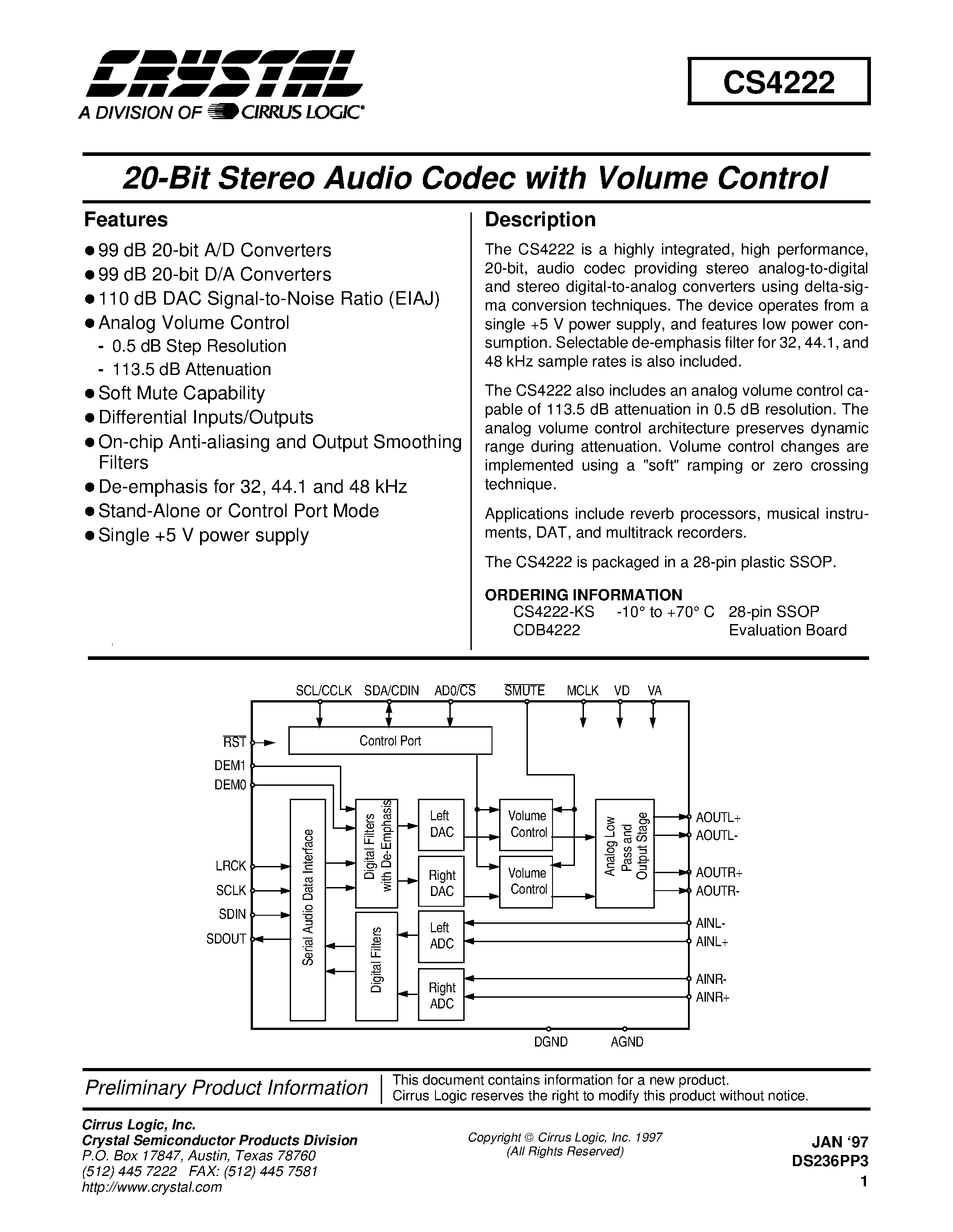 Даташит CS4222-KS - 20-Bit Stereo Audio Codec with Volume Control страница 1