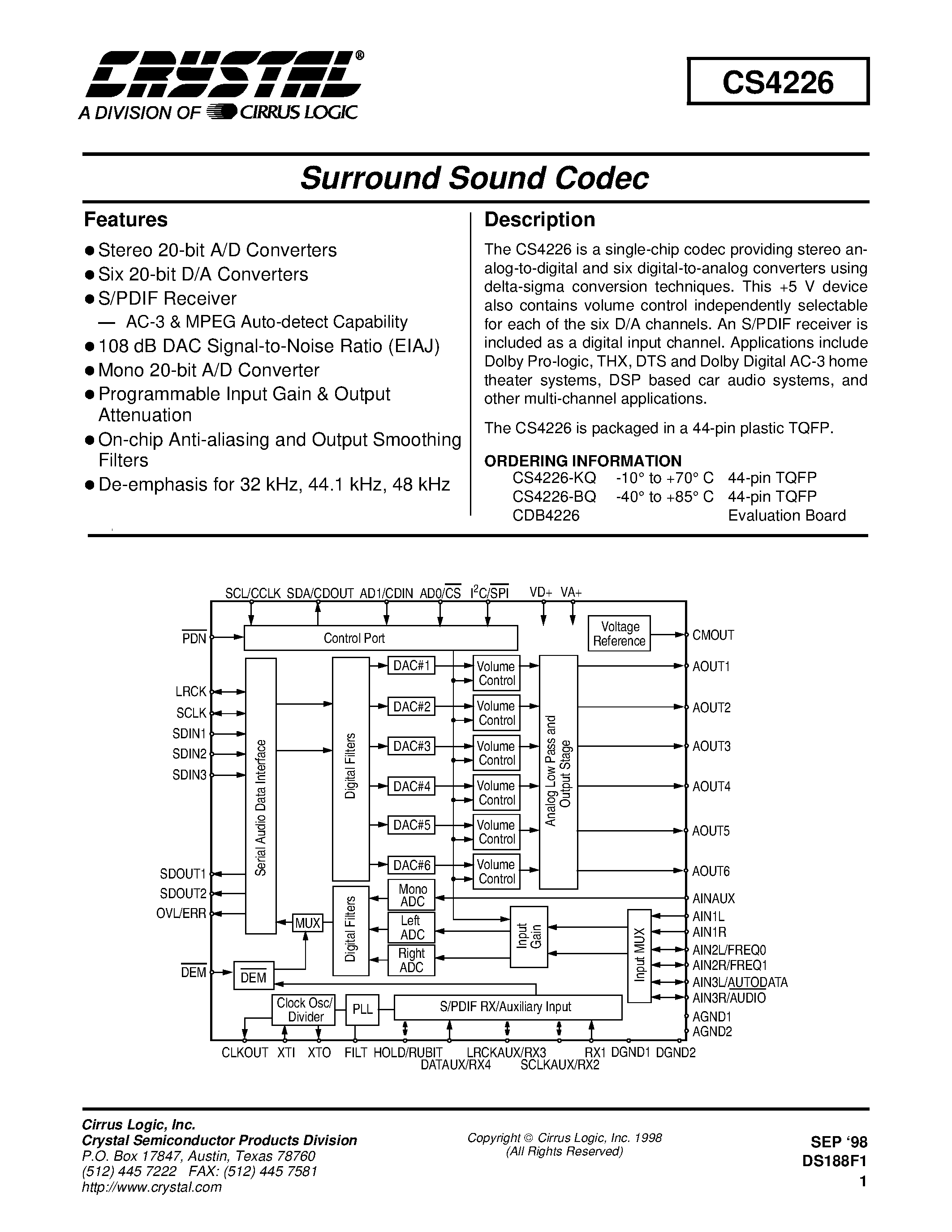 Даташит на микросхему CS4226-KQ страница 1 Даташит CS4226-KQ - Surround Sound Codec страница 1