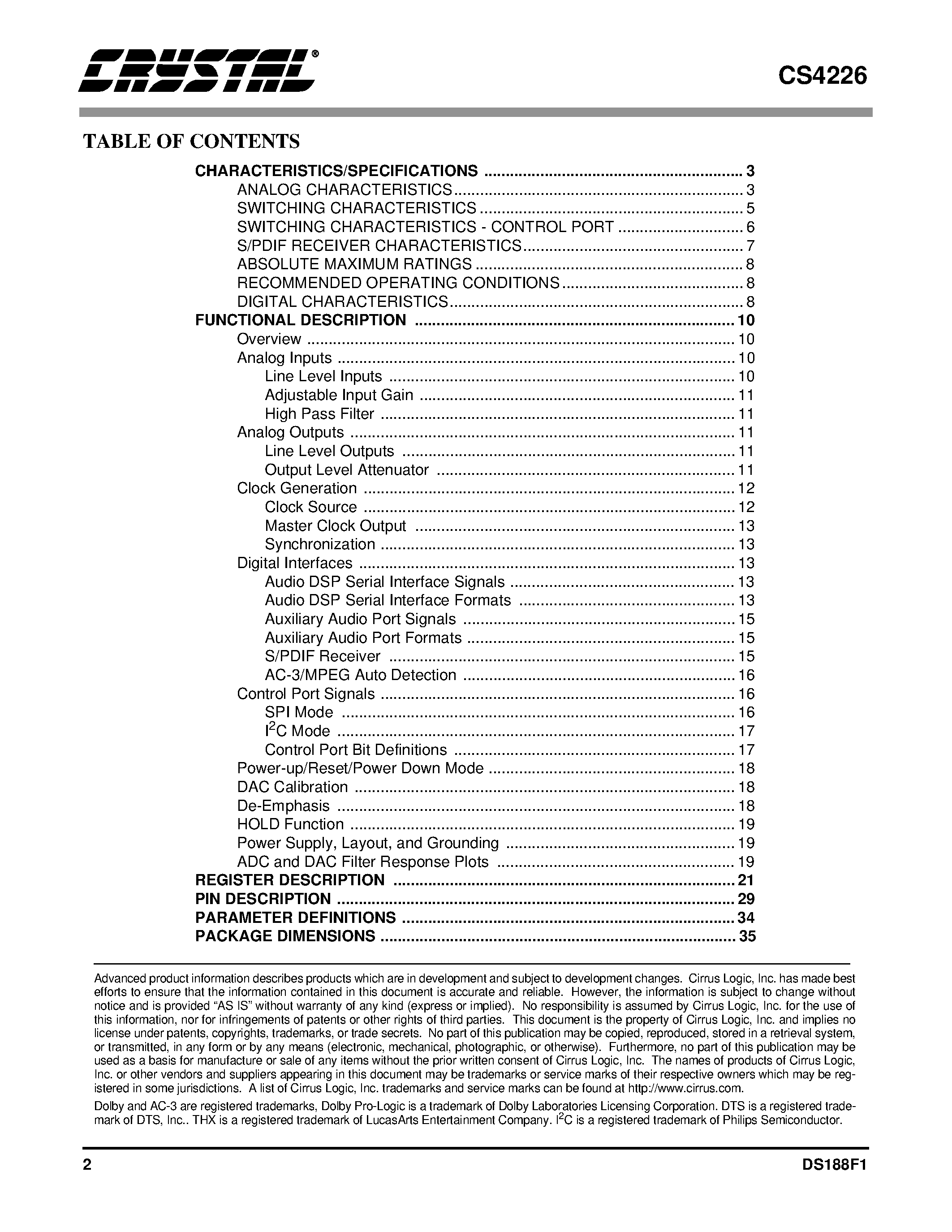 Даташит на микросхему CS4226-KQ страница 2 Даташит CS4226-KQ - Surround Sound Codec страница 2