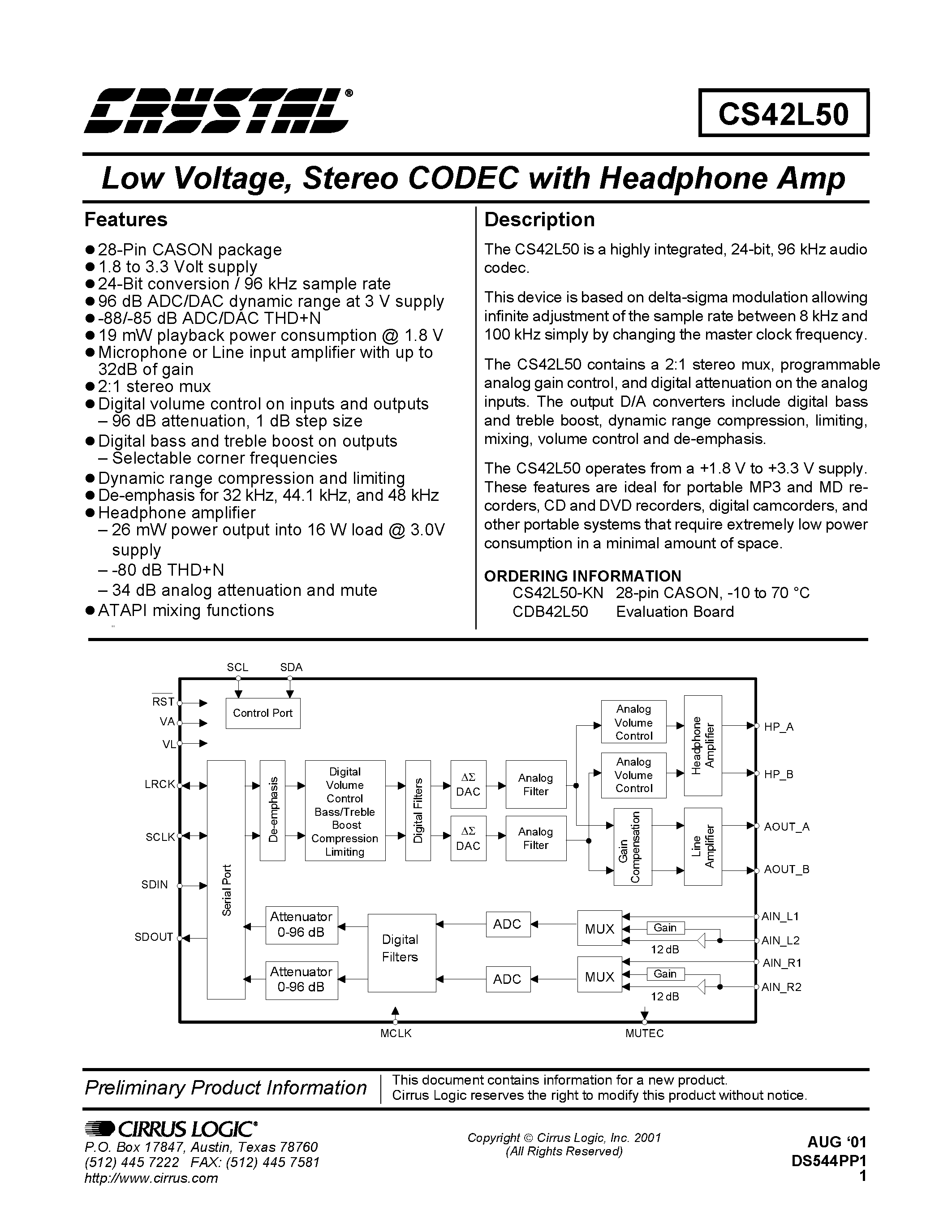 Даташит CS42L50 - Low Voltage/ Stereo CODEC with headphone Amp страница 1