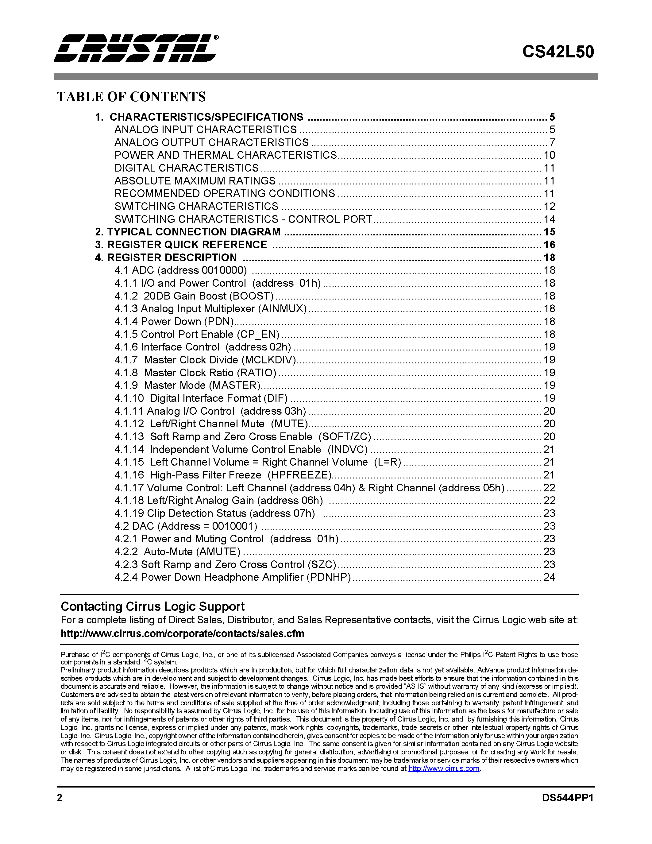 Даташит CS42L50 - Low Voltage/ Stereo CODEC with headphone Amp страница 2