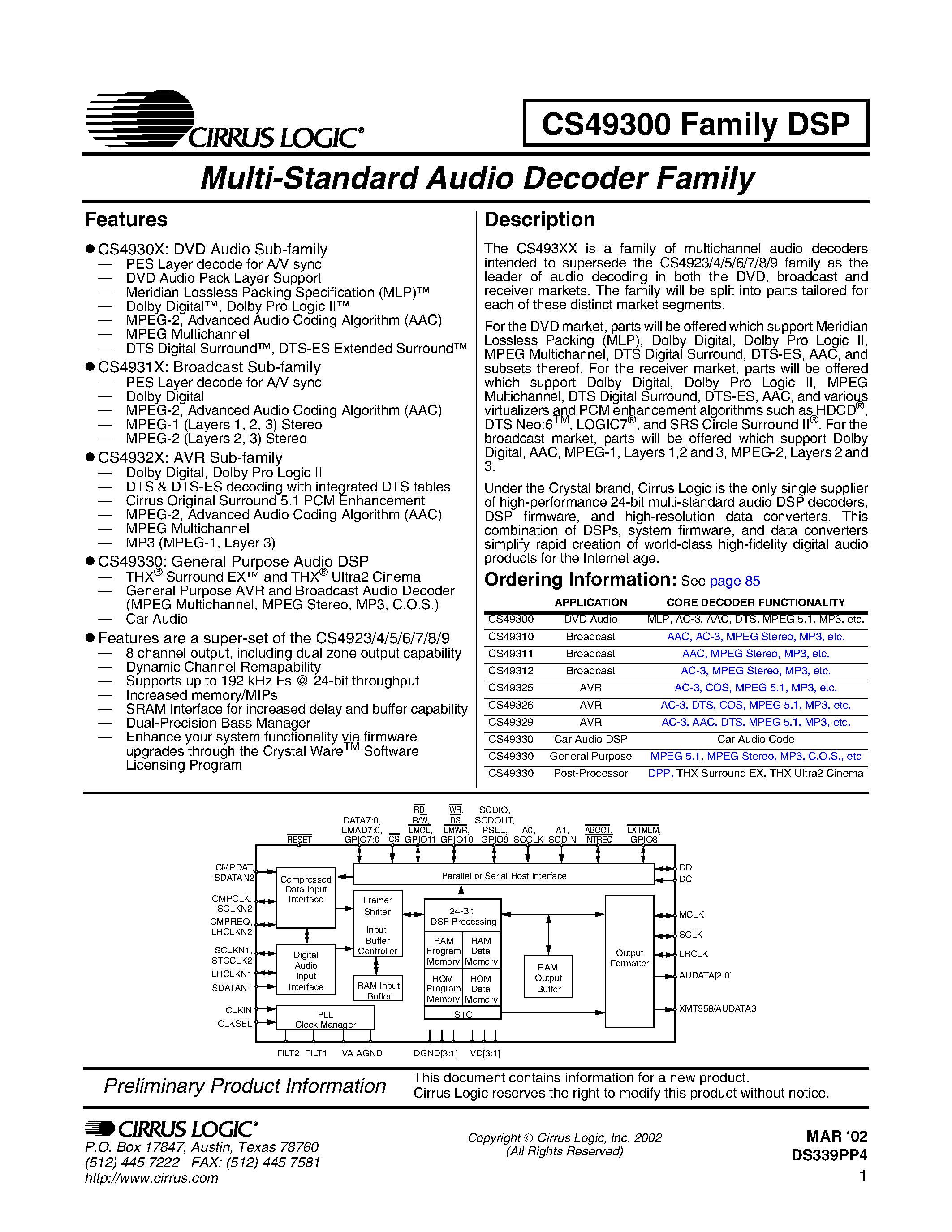 Даташит на микросхему CS49300 страница 1 Даташит CS49300 - Multi-Standard Audio Decoder Family страница 1