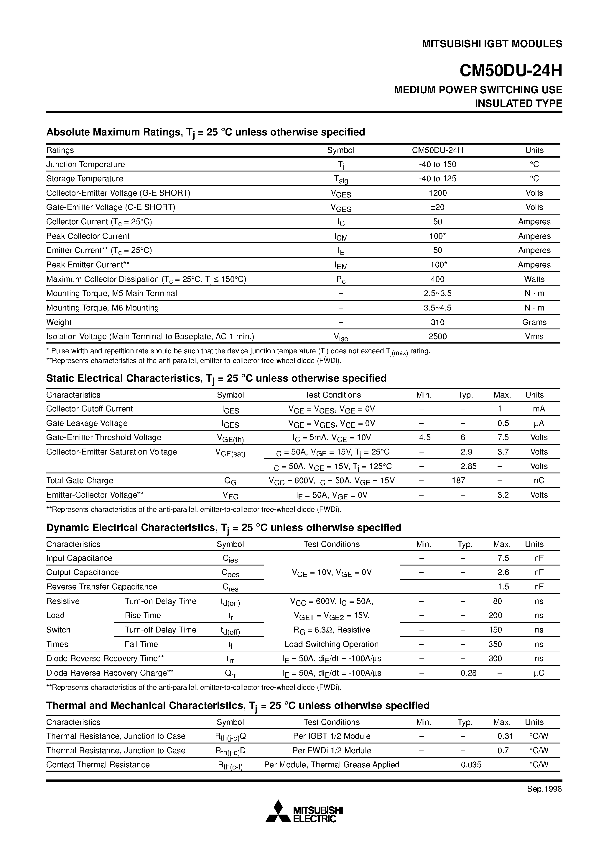 Даташит на микросхему CM50DU-24H страница 2 Даташит CM50DU-24H - MEDIUM POWER SWITCHING USE INSULATED TYPE страница 2