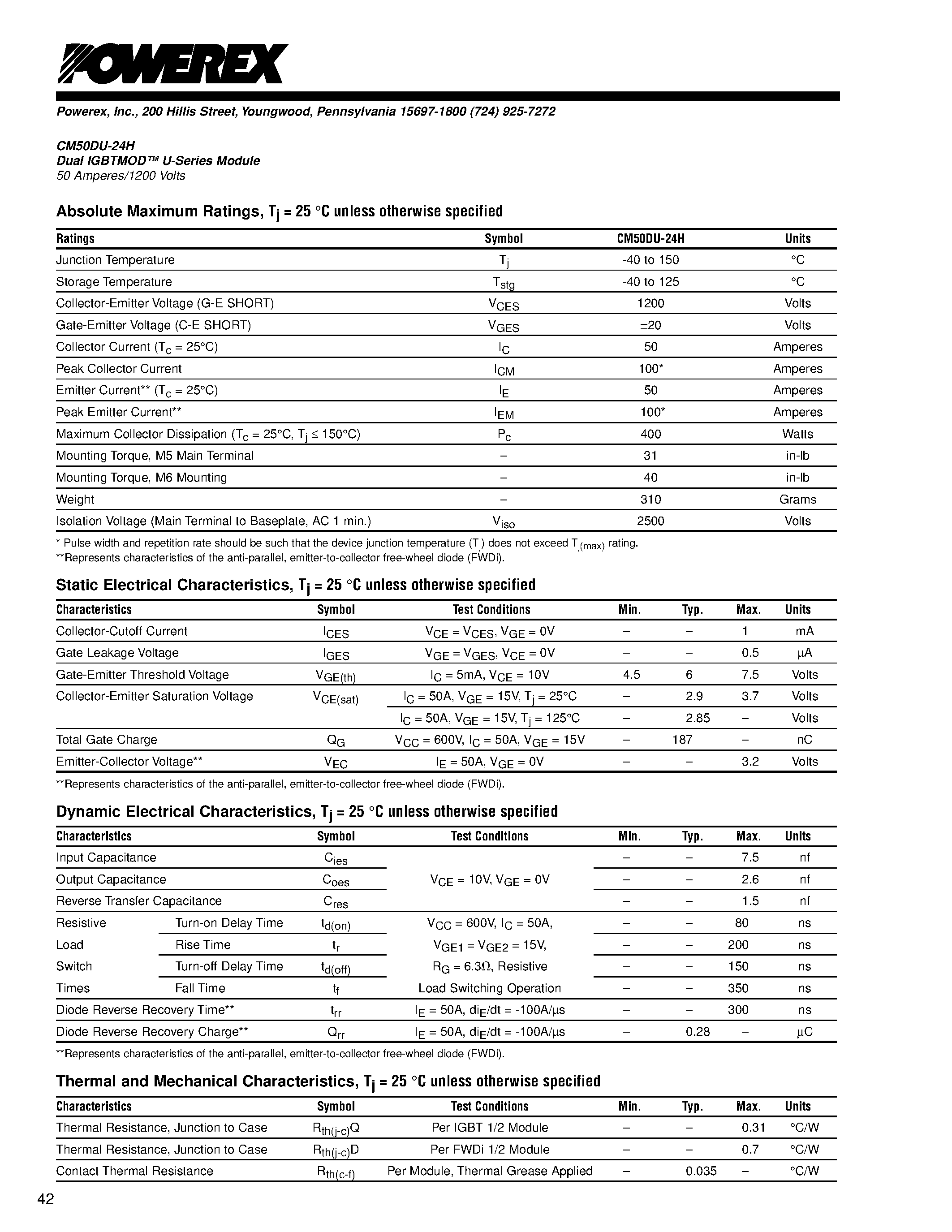 Datasheet CM50DU-24H - Dual IGBTMOD U-Series Module 50 Amperes/1200 Volts page 2