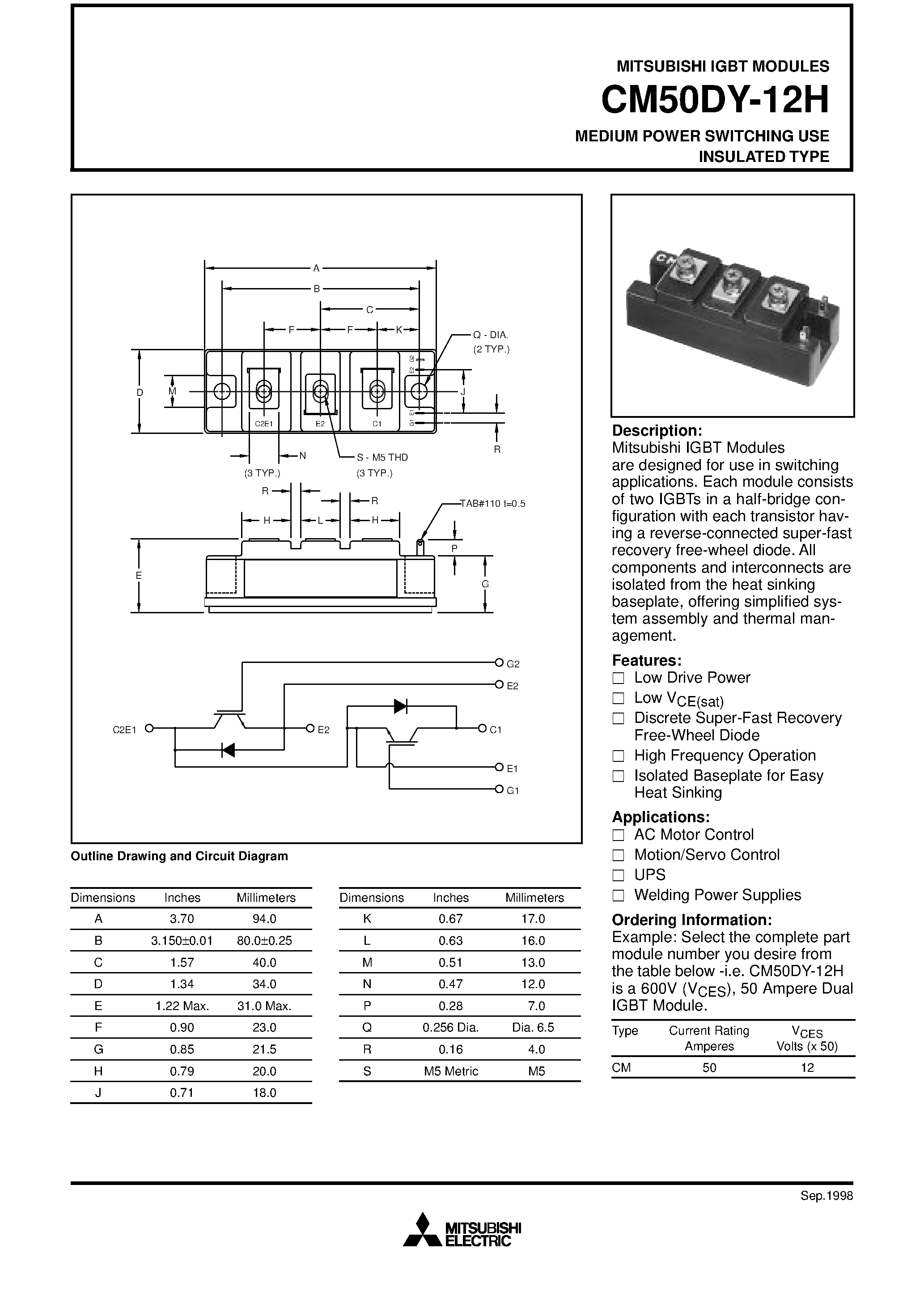 Даташит на микросхему CM50DY-12H страница 1 Даташит CM50DY-12H - MEDIUM POWER SWITCHING USE INSULATED TYPE страница 1