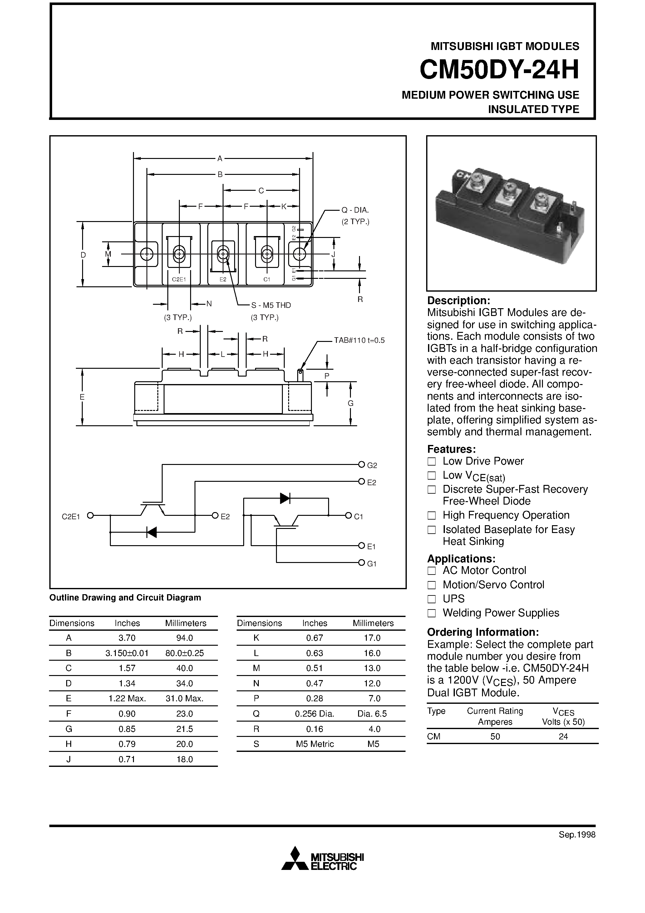 Даташит на микросхему CM50DY-24H страница 1 Даташит CM50DY-24H - MEDIUM POWER SWITCHING USE INSULATED TYPE страница 1