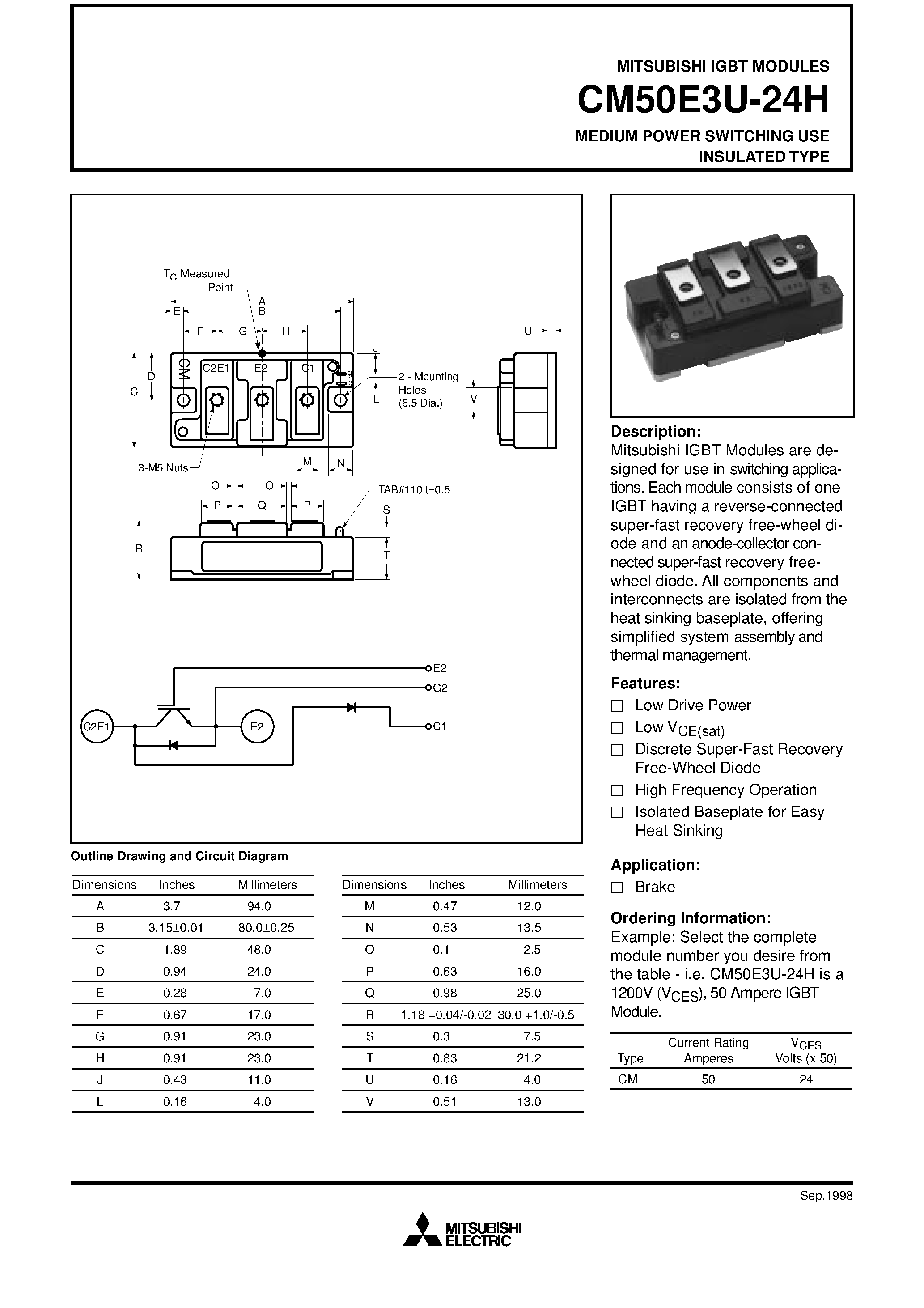 Даташит на микросхему CM50E3U-24H страница 1 Даташит CM50E3U-24H - MEDIUM POWER SWITCHING USE INSULATED TYPE страница 1