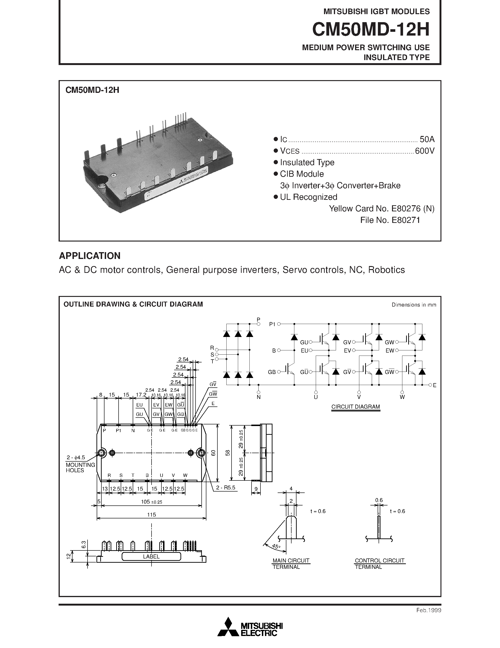 Даташит на микросхему CM50MD-12H страница 1 Даташит CM50MD-12H - MEDIUM POWER SWITCHING USE INSULATED TYPE страница 1
