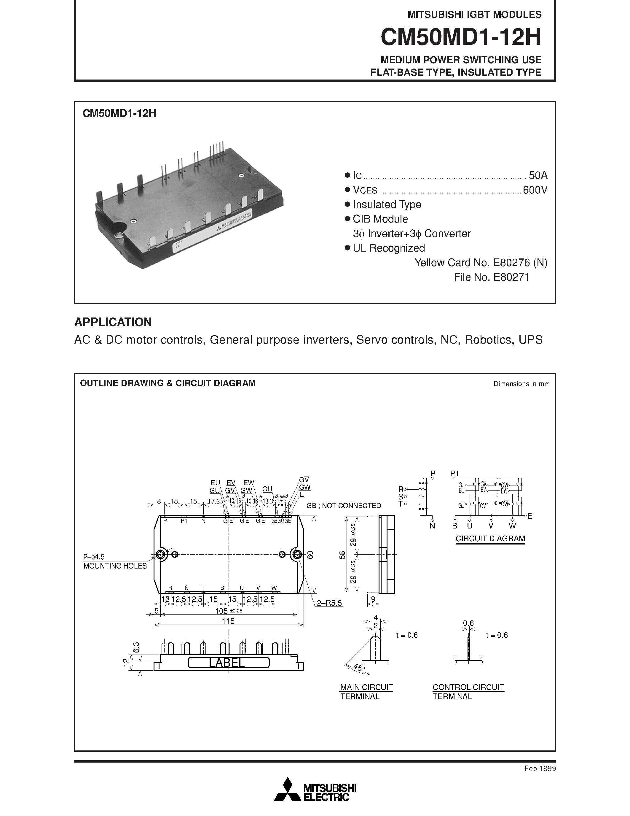 Даташит на микросхему CM50MD1-12H страница 1 Даташит CM50MD1-12H - MEDIUM POWER SWITCHING USE FLAT-BASE TYPE/ INSULATED TYPE страница 1
