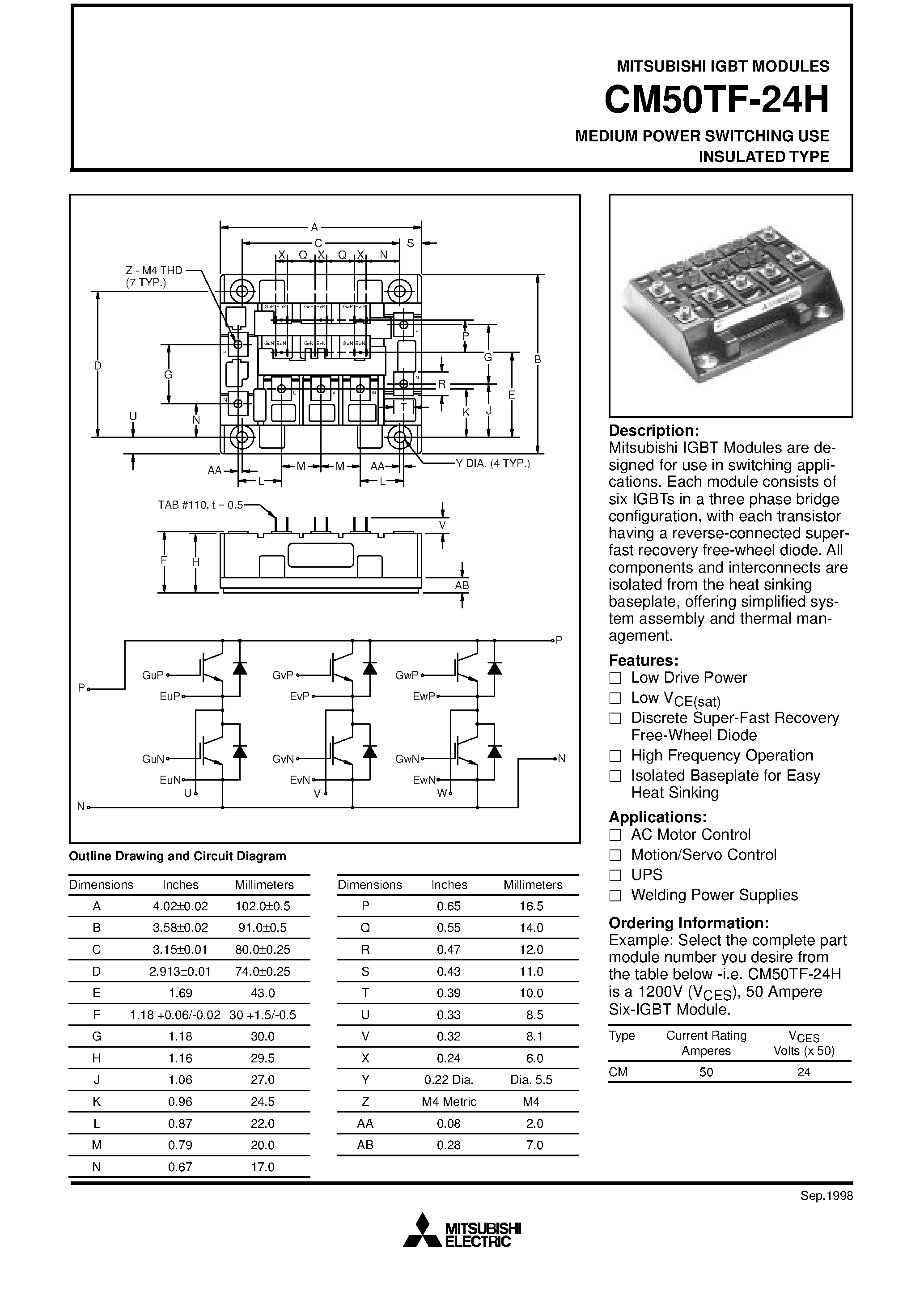 Даташит на микросхему CM50TF-24H страница 1 Даташит CM50TF-24H - MEDIUM POWER SWITCHING USE INSULATED TYPE страница 1