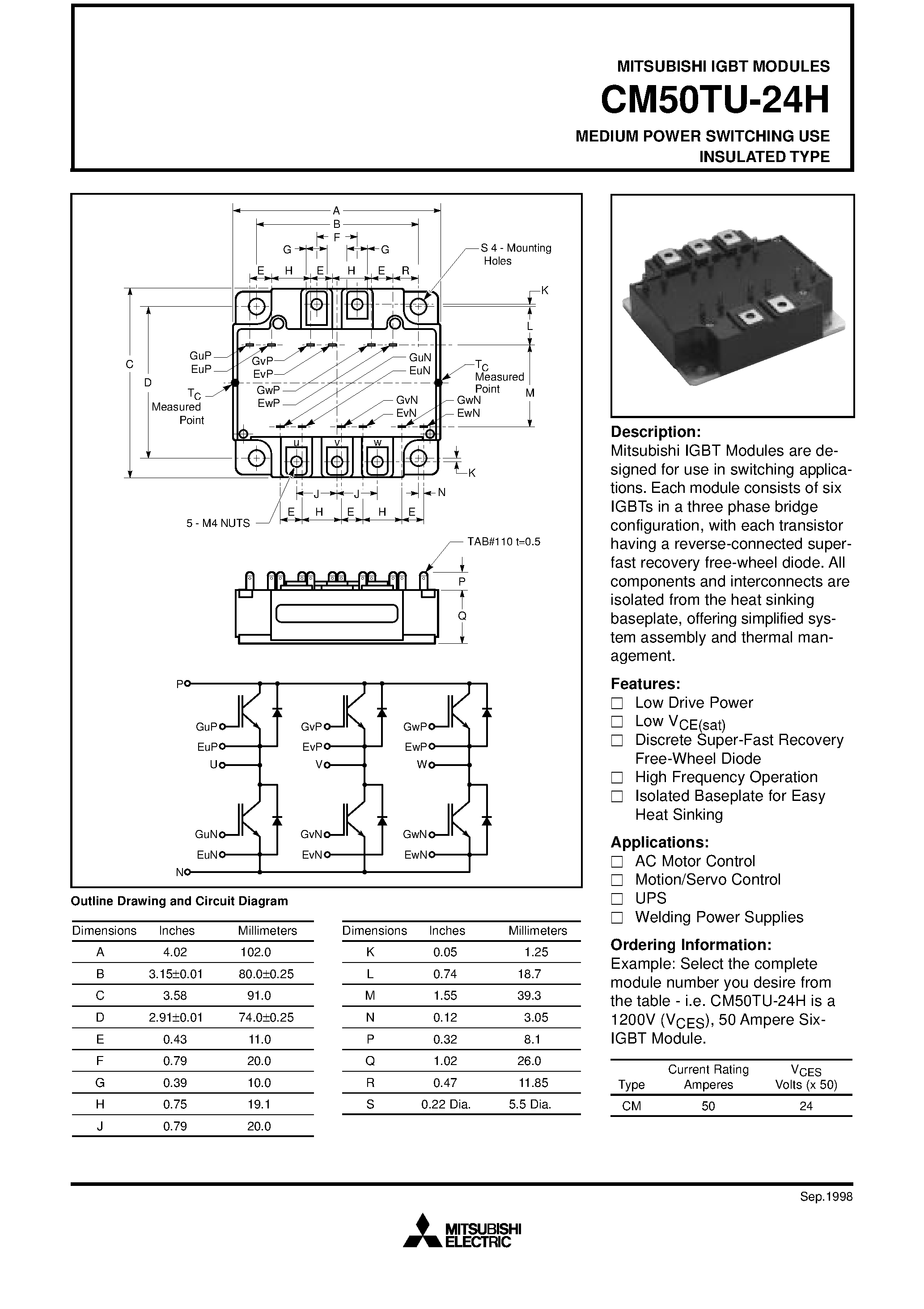 Даташит на микросхему CM50TU-24H страница 1 Даташит CM50TU-24H - MEDIUM POWER SWITCHING USE INSULATED TYPE страница 1