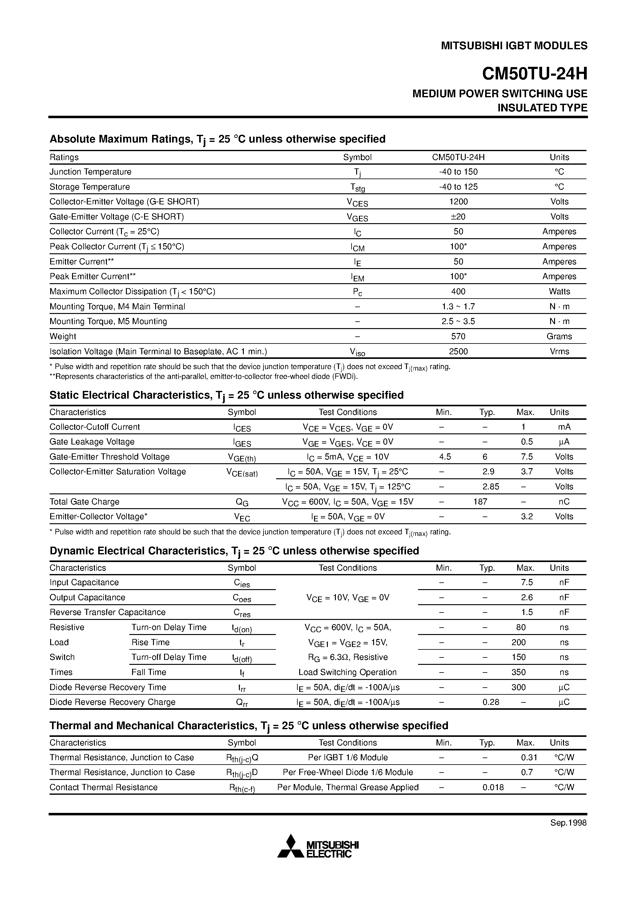 Даташит на микросхему CM50TU-24H страница 2 Даташит CM50TU-24H - MEDIUM POWER SWITCHING USE INSULATED TYPE страница 2