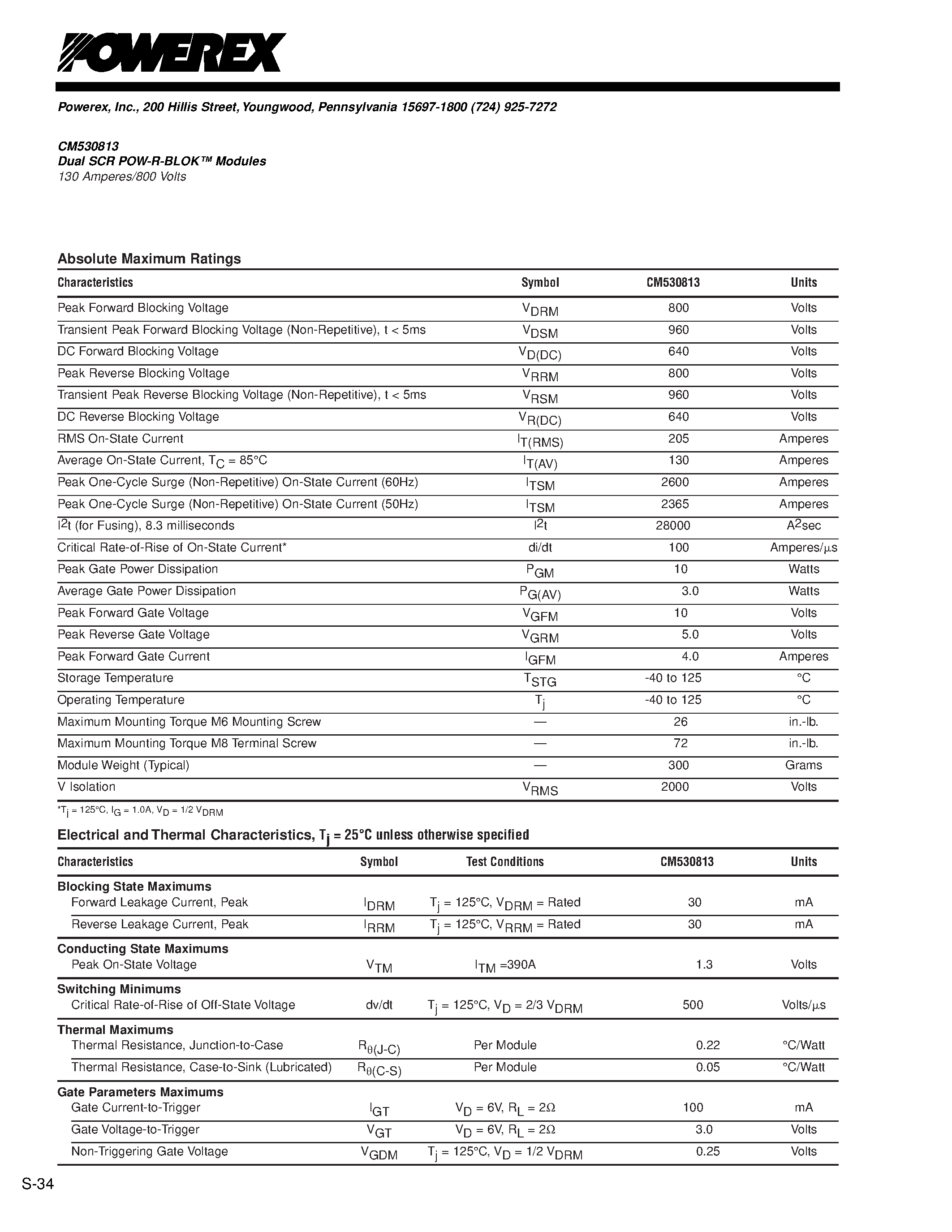 Даташит на микросхему CM530813 страница 2 Даташит CM530813 - Dual SCR POW-R-BLOK Modules 130 Amperes/800 Volts страница 2