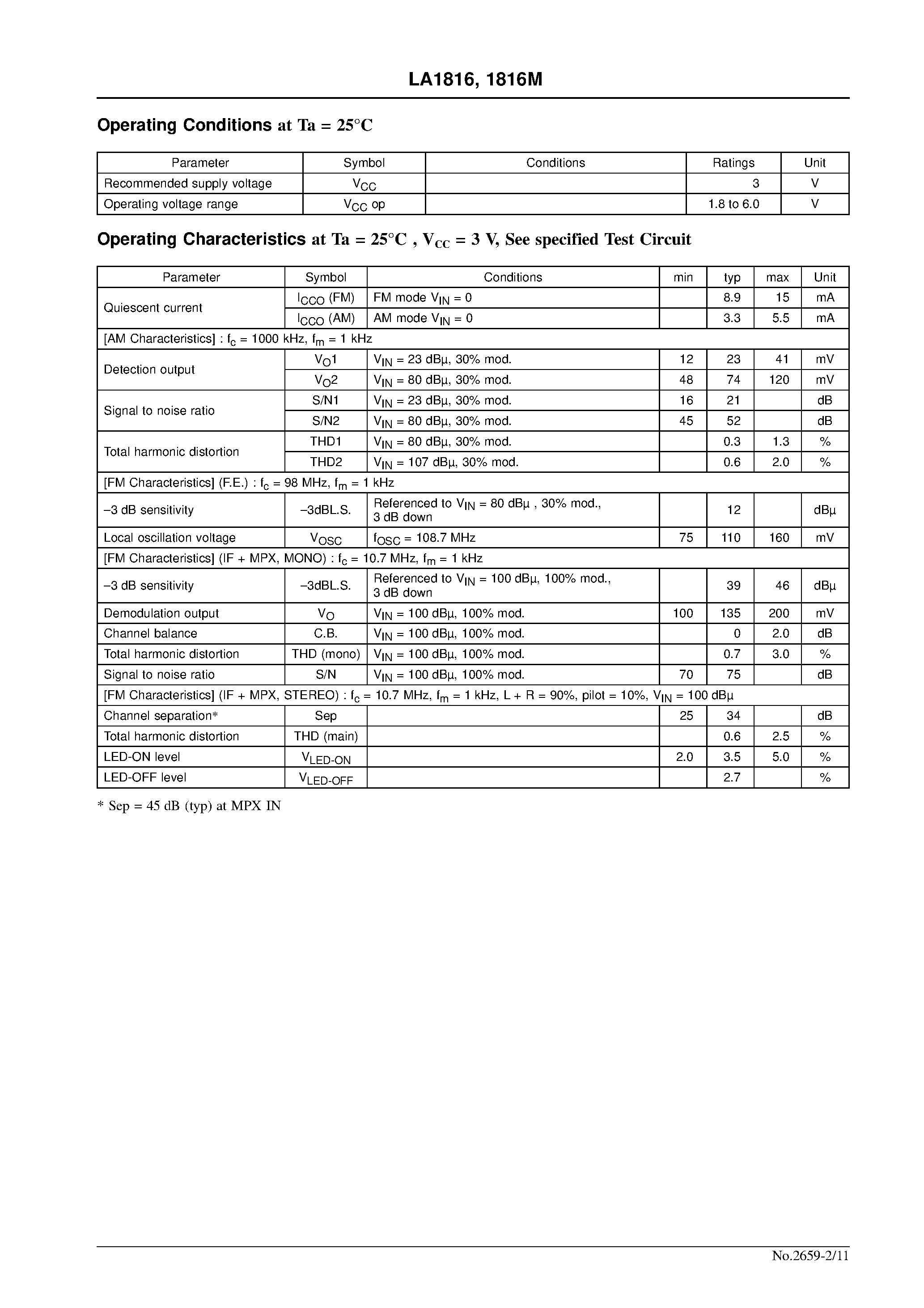 Даташит LA1816 - Single-Chip AM/FM/ MPX Tuner System for Headphone Stereos/ Radio-Cassette Recorders страница 2