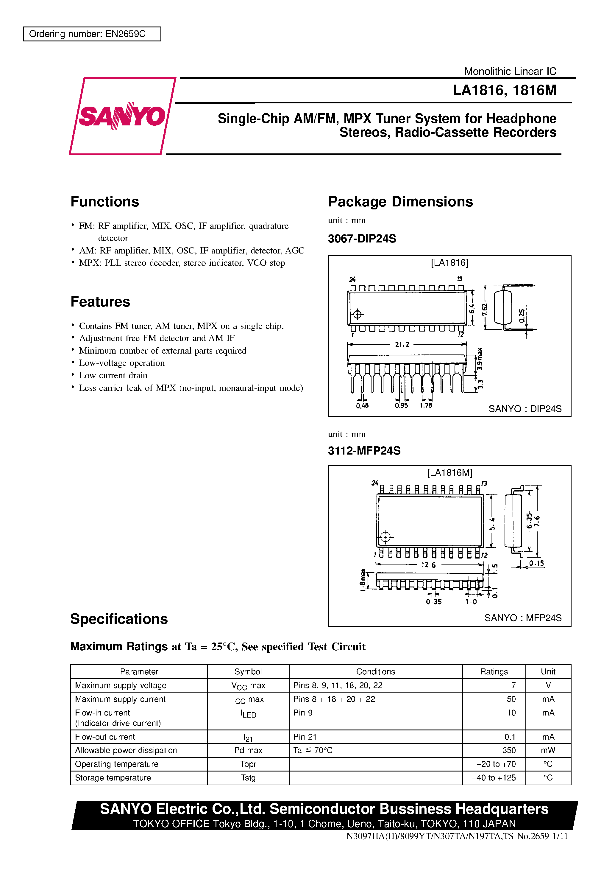 Даташит LA1816M - Single-Chip AM/FM/ MPX Tuner System for Headphone Stereos/ Radio-Cassette Recorders страница 1
