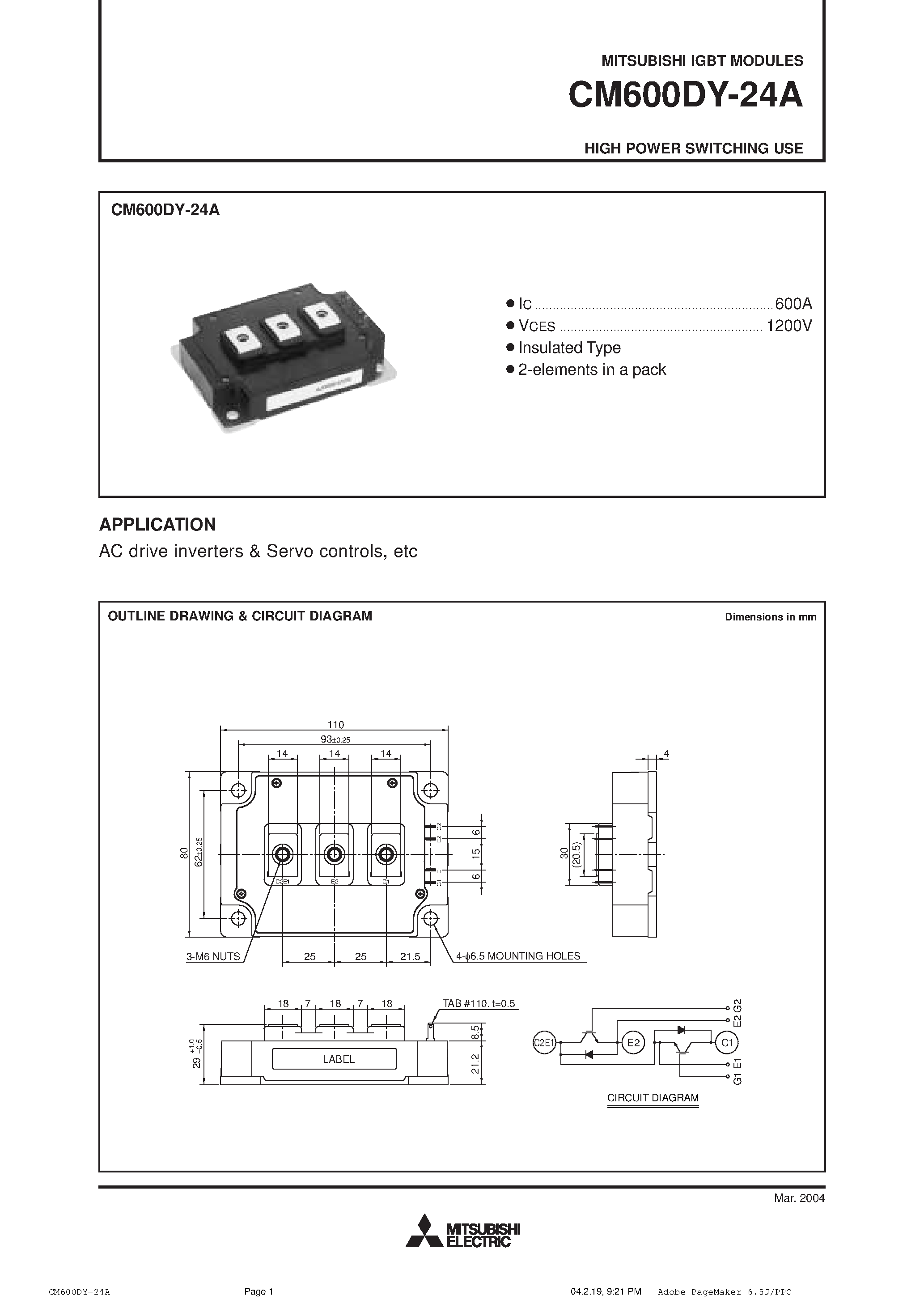 Даташит на микросхему CM600DY-24A страница 1 Даташит CM600DY-24A - HIGH POWER SWITCHING USE страница 1