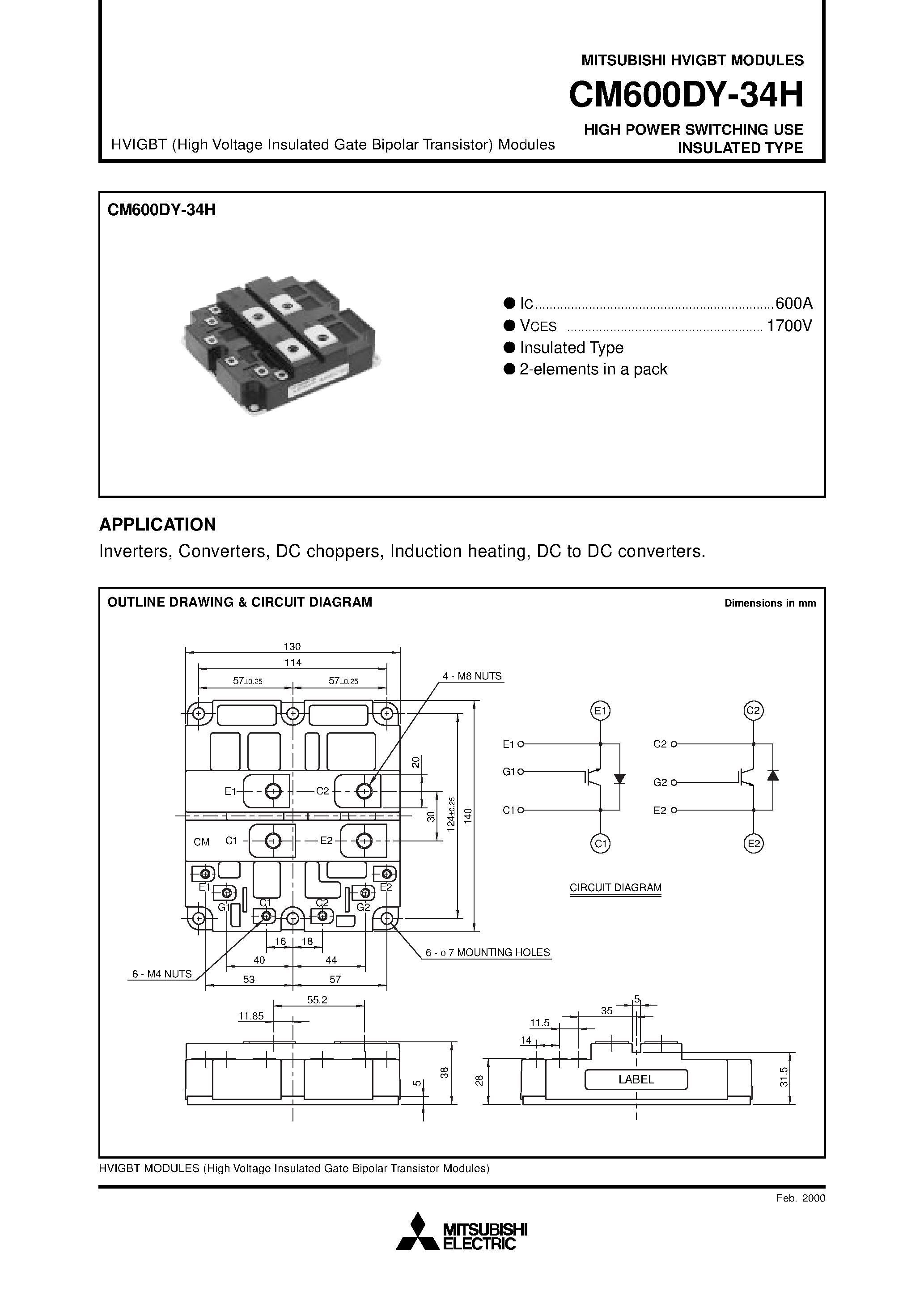 Даташит на микросхему CM600DY-34H страница 1 Даташит CM600DY-34H - HIGH POWER SWITCHING USE INSULATED TYPE страница 1