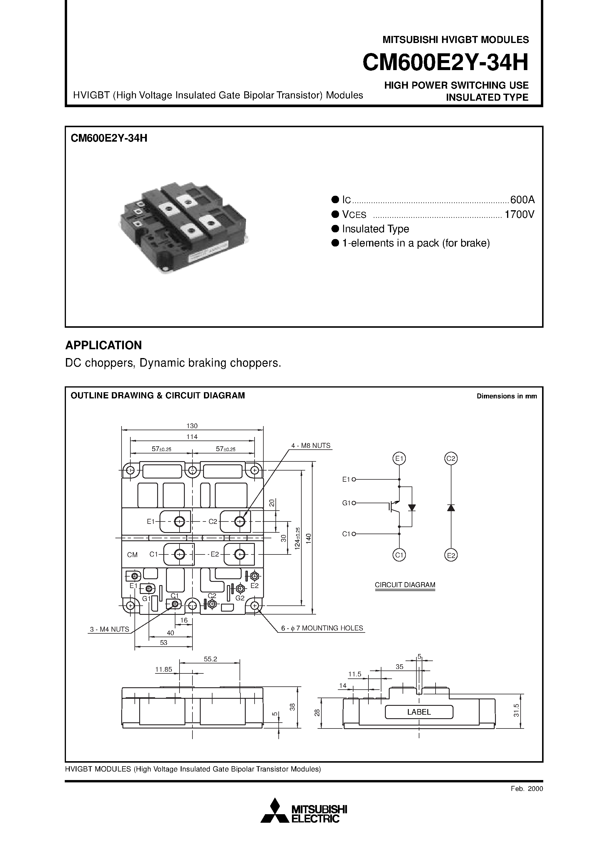 Даташит на микросхему CM600E2Y-34H страница 1 Даташит CM600E2Y-34H - HIGH POWER SWITCHING USE INSULATED TYPE страница 1