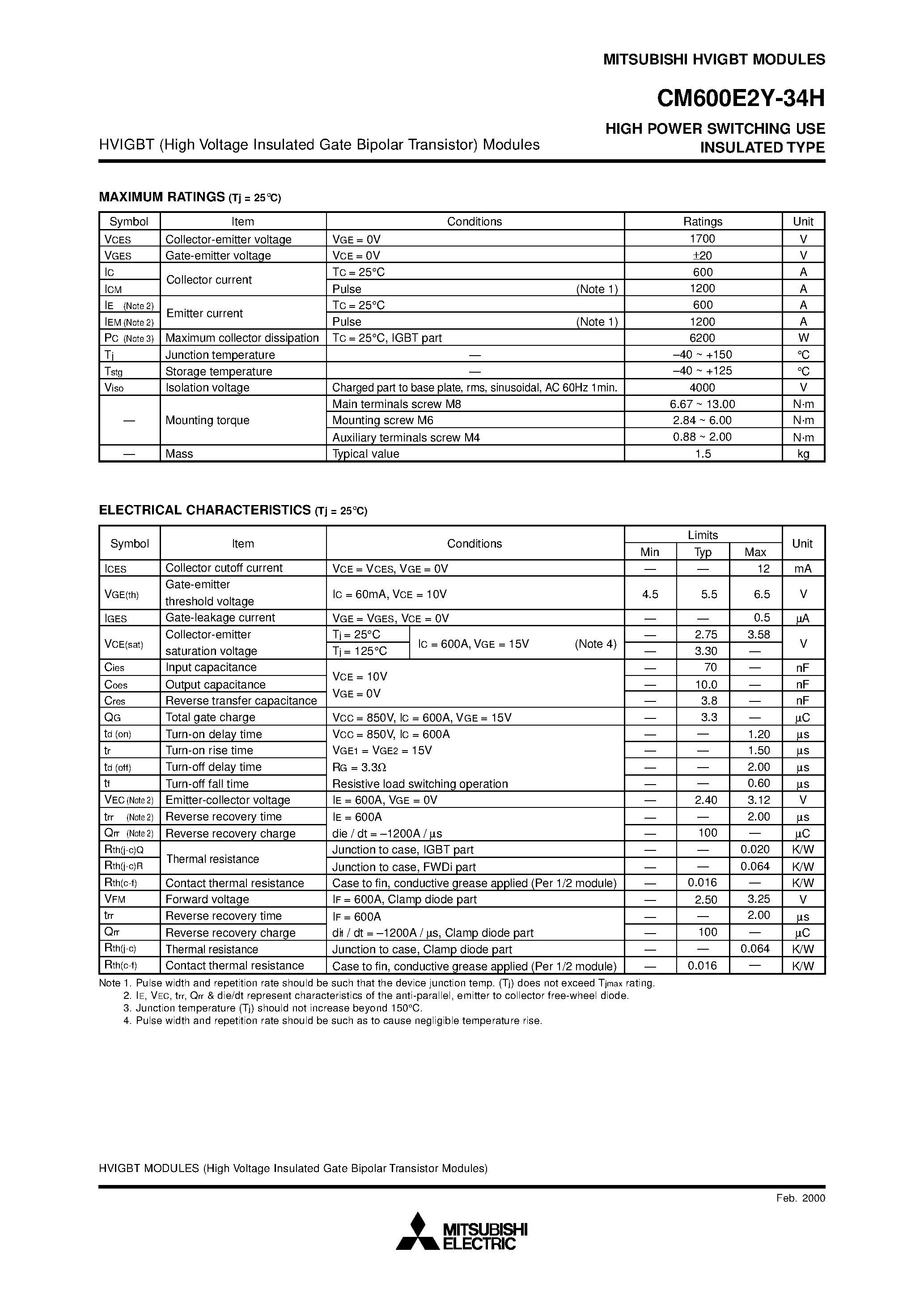 Даташит на микросхему CM600E2Y-34H страница 2 Даташит CM600E2Y-34H - HIGH POWER SWITCHING USE INSULATED TYPE страница 2