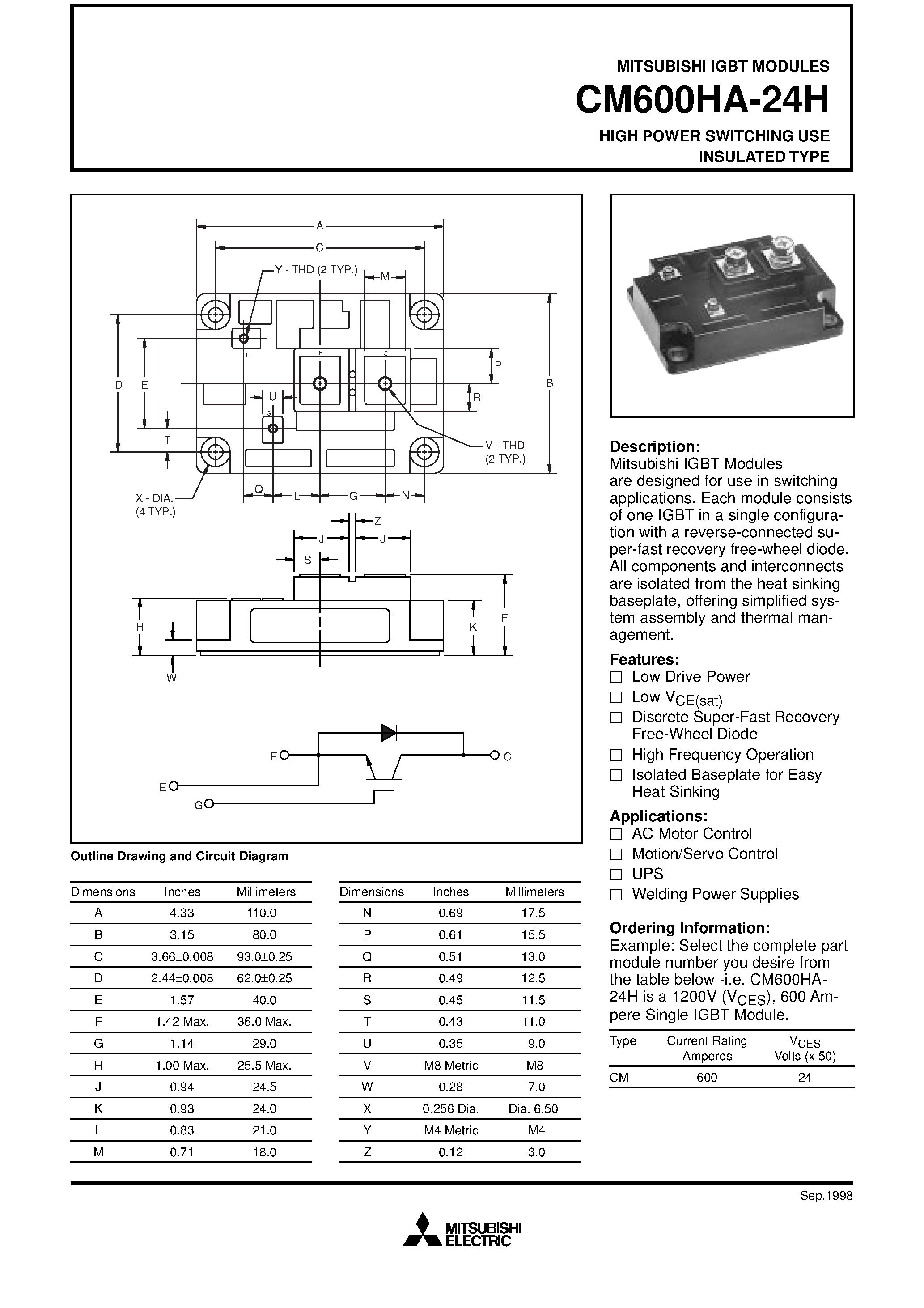 Даташит CM600HA-24H - HIGH POWER SWITCHING USE INSULATED TYPE страница 1