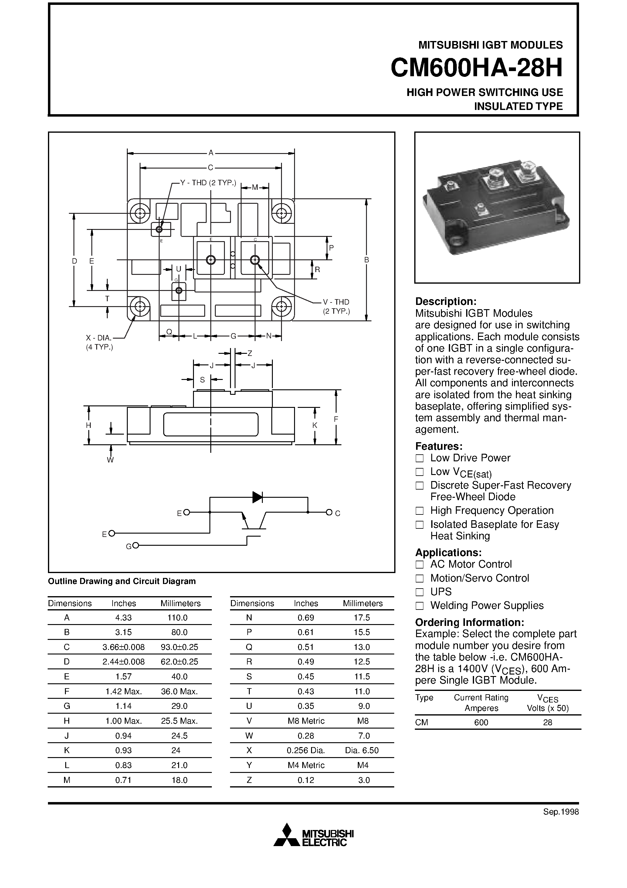 Даташит CM600HA-28H - HIGH POWER SWITCHING USE INSULATED TYPE страница 1