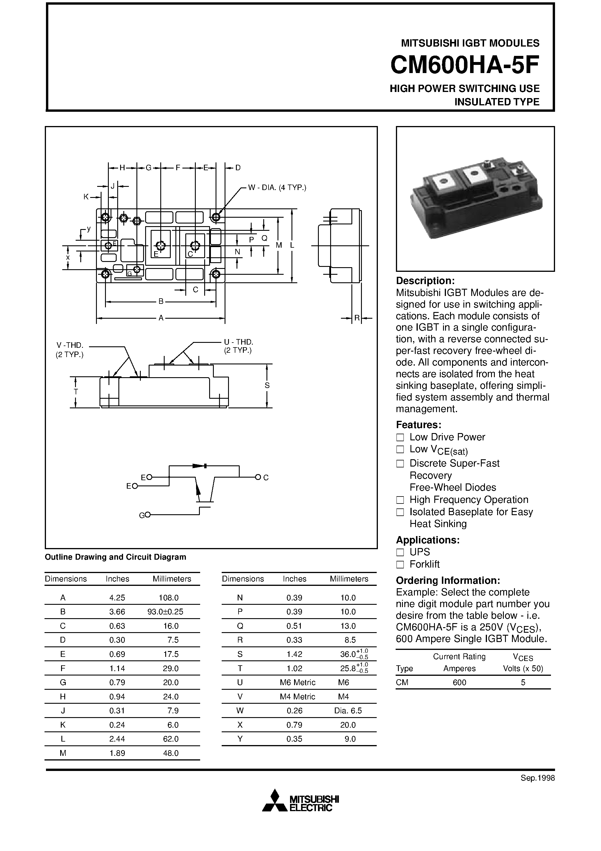 Даташит на микросхему CM600HA-5F страница 1 Даташит CM600HA-5F - HIGH POWER SWITCHING USE INSULATED TYPE страница 1