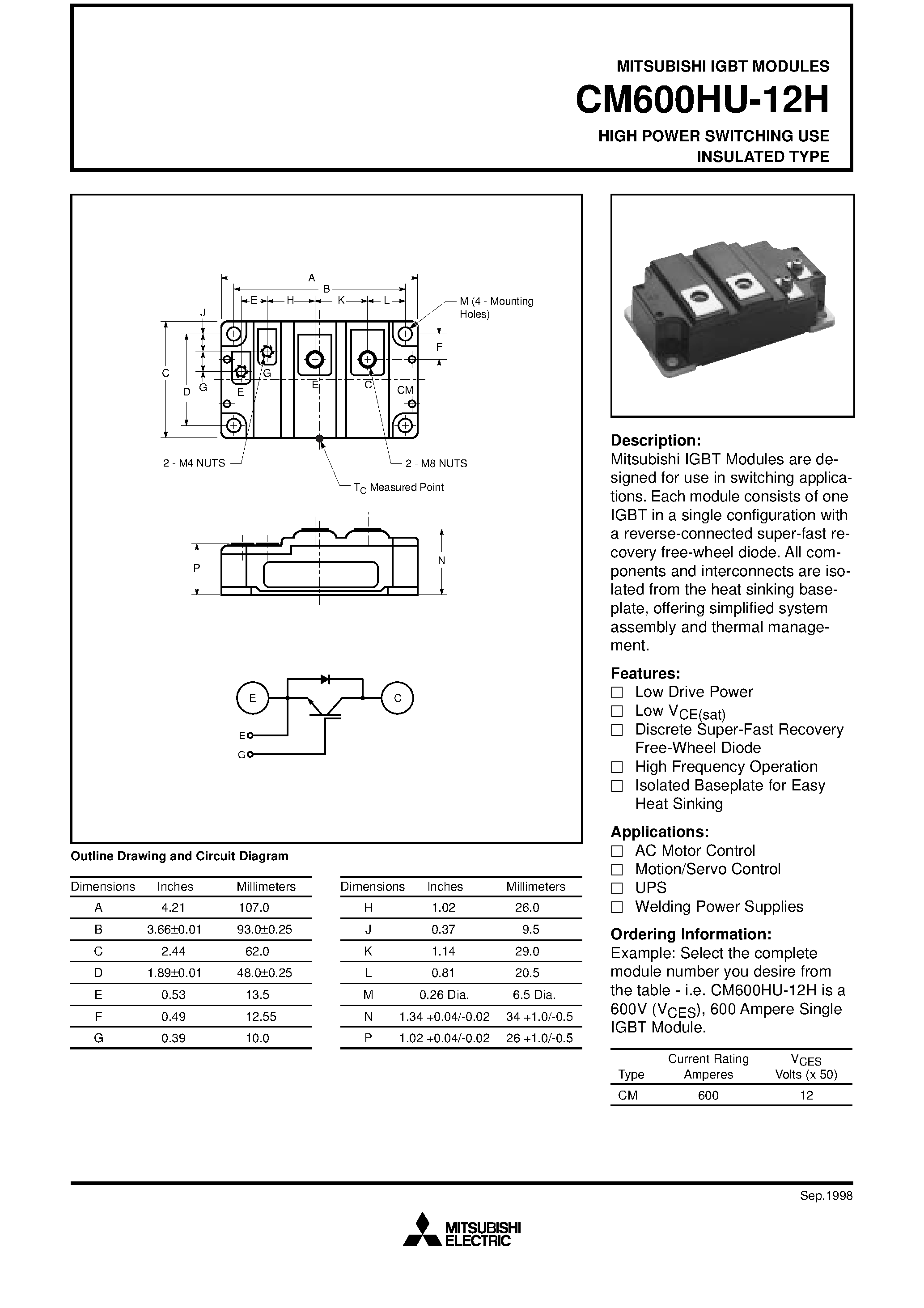 Даташит CM600HU-12H - HIGH POWER SWITCHING USE INSULATED TYPE страница 1