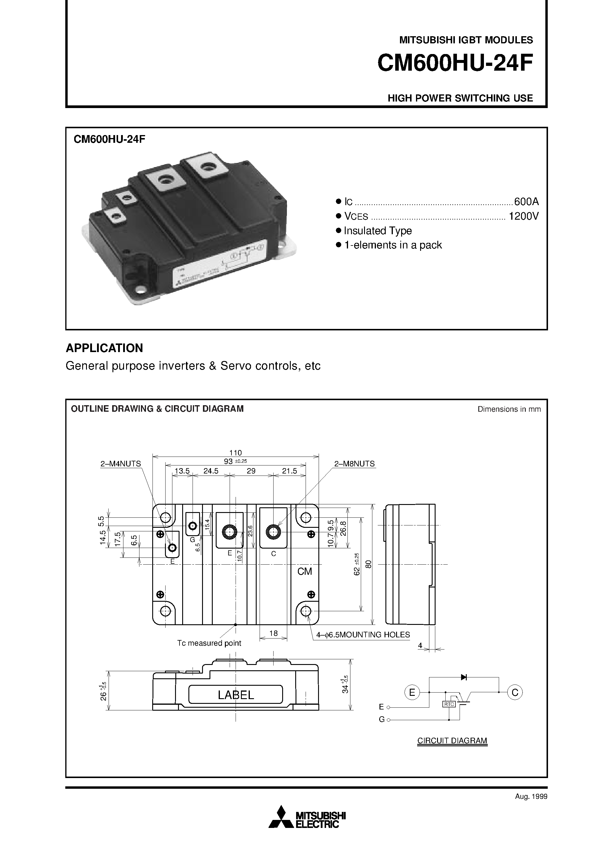 Даташит CM600HU-24F - HIGH POWER SWITCHING USE страница 1