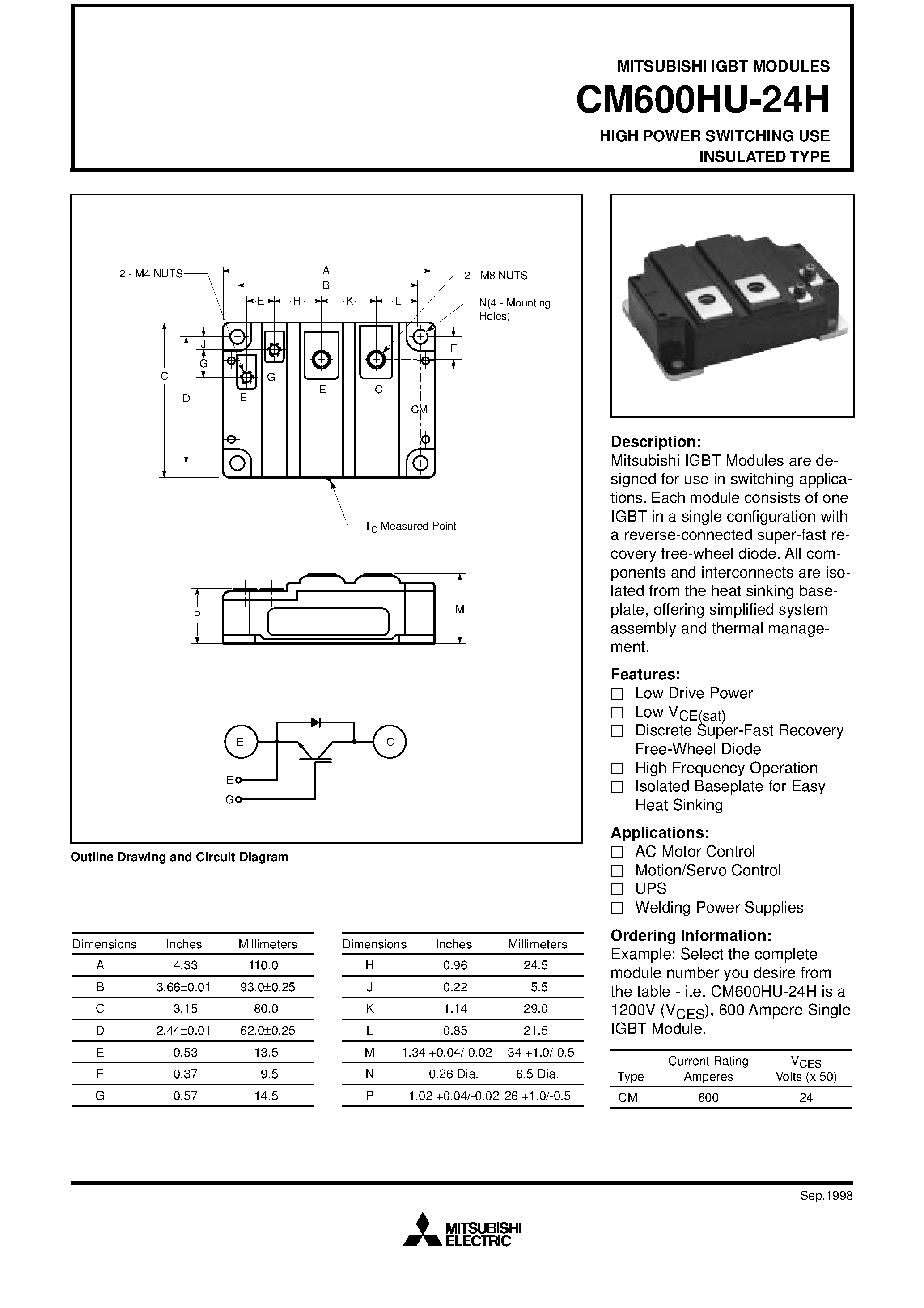 Даташит CM600HU-24H - HIGH POWER SWITCHING USE INSULATED TYPE страница 1