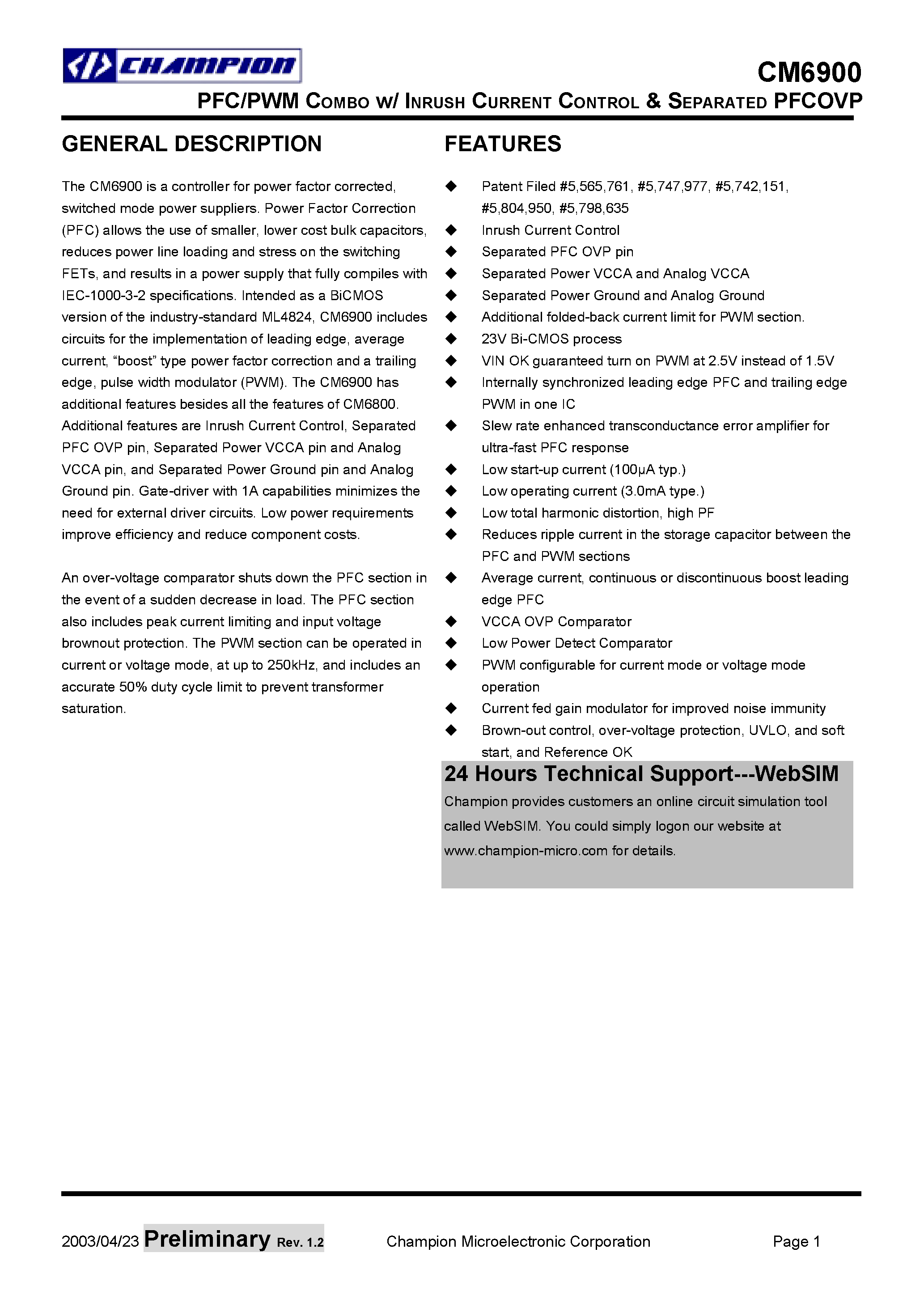Даташит на микросхему CM6900IP страница 2 Даташит CM6900IP - PFC/PWM COMBO w/ INRUSH CURRENT CONTROL & SEPARATED PFCOVP страница 2