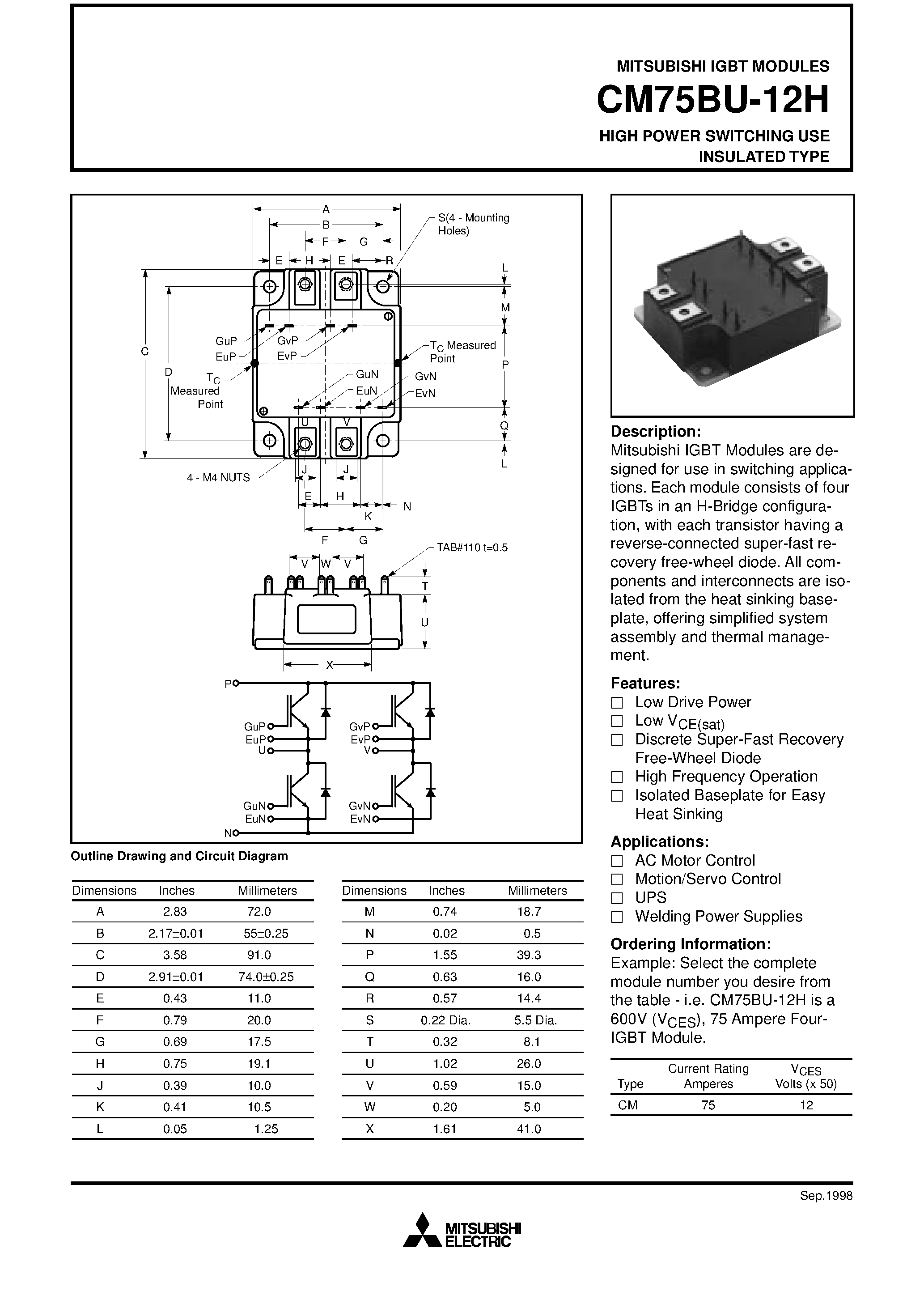 Даташит на микросхему CM75BU-12H страница 1 Даташит CM75BU-12H - HIGH POWER SWITCHING USE INSULATED TYPE страница 1