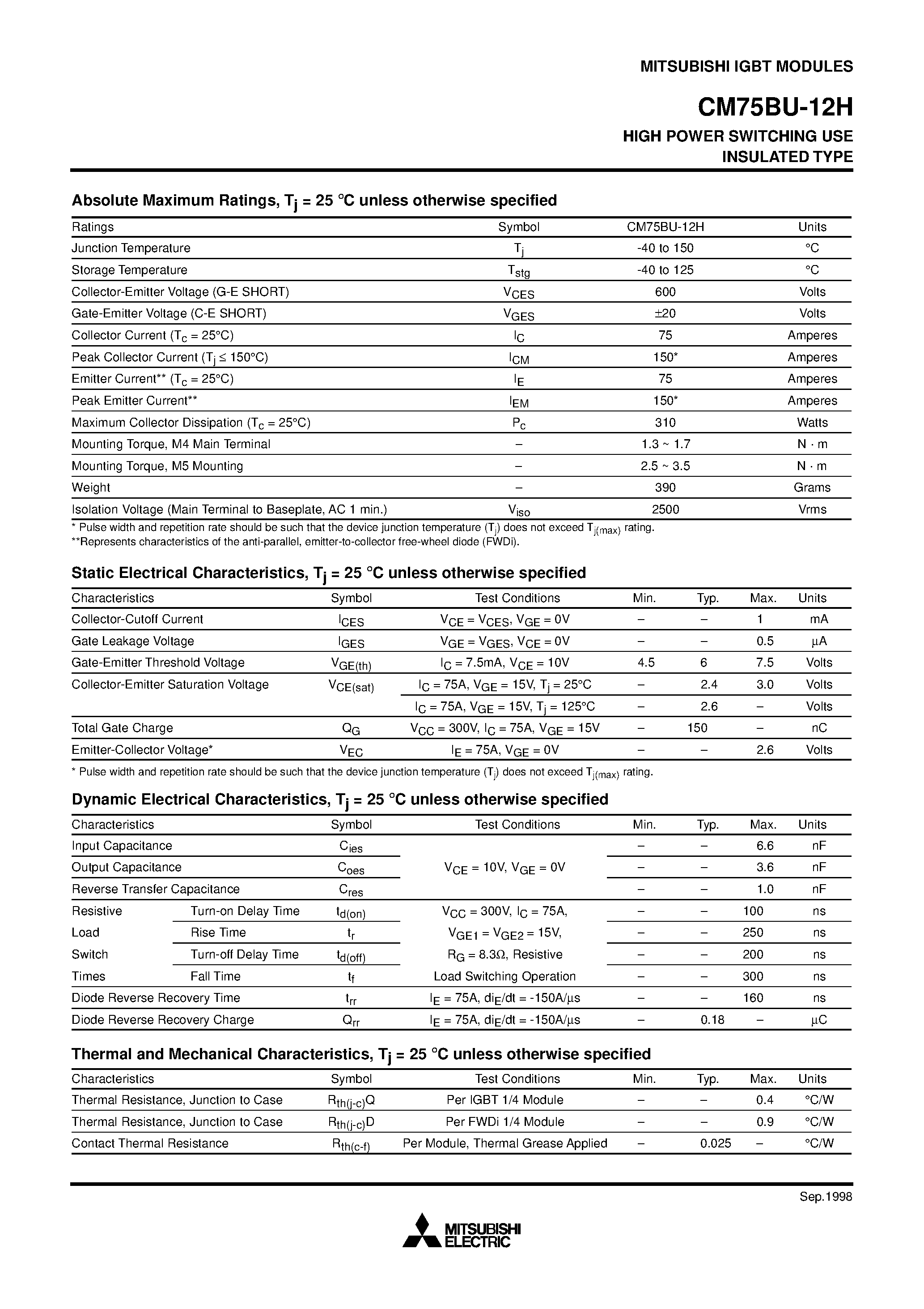Даташит на микросхему CM75BU-12H страница 2 Даташит CM75BU-12H - HIGH POWER SWITCHING USE INSULATED TYPE страница 2