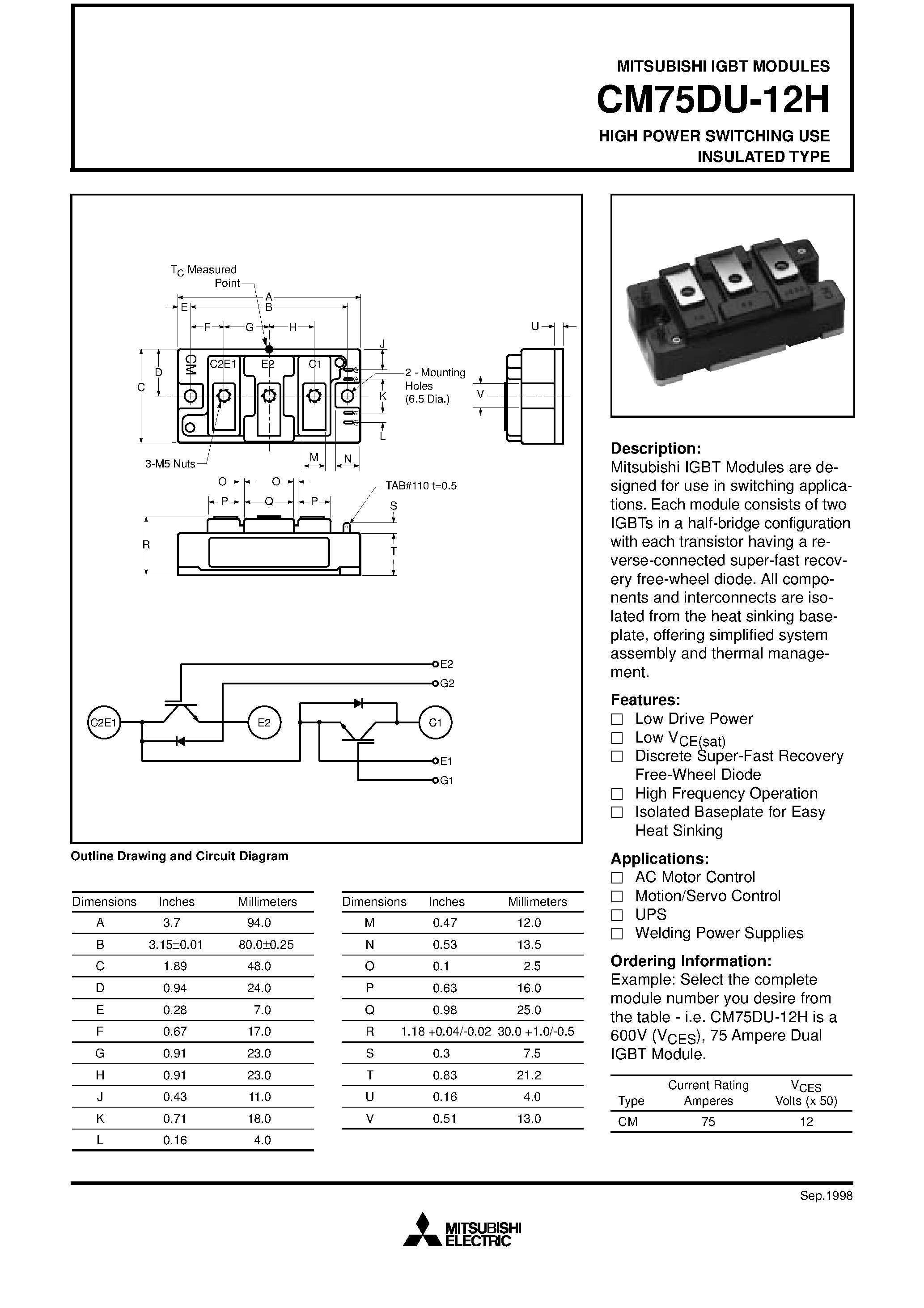 Даташит CM75DU-12H - HIGH POWER SWITCHING USE INSULATED TYPE страница 1