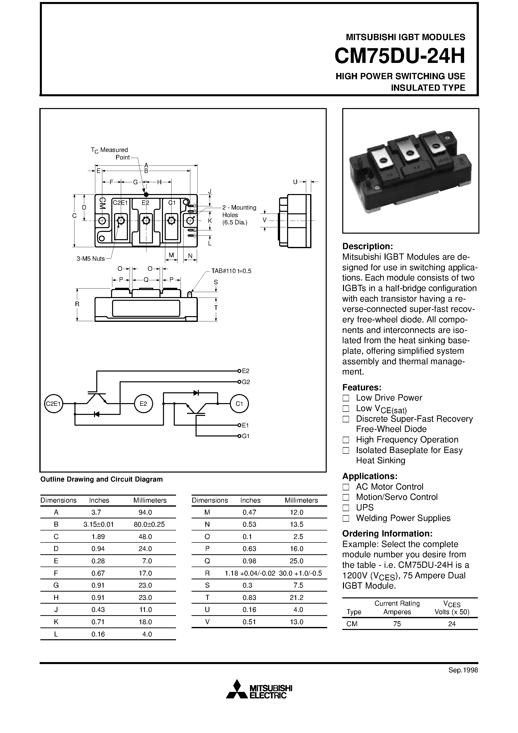 Даташит на микросхему CM75DU-24H страница 1 Даташит CM75DU-24H - HIGH POWER SWITCHING USE INSULATED TYPE страница 1