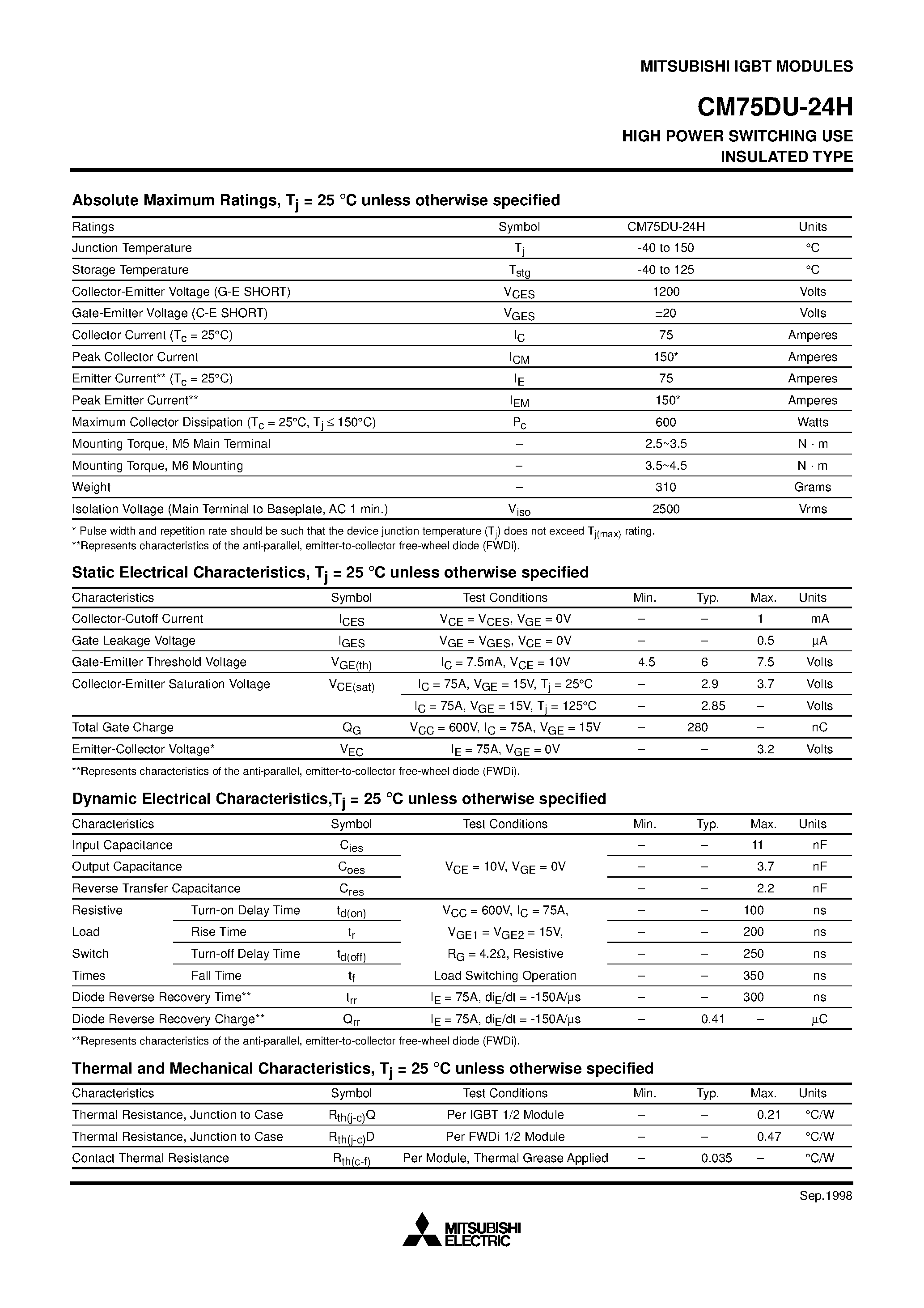 Даташит на микросхему CM75DU-24H страница 2 Даташит CM75DU-24H - HIGH POWER SWITCHING USE INSULATED TYPE страница 2