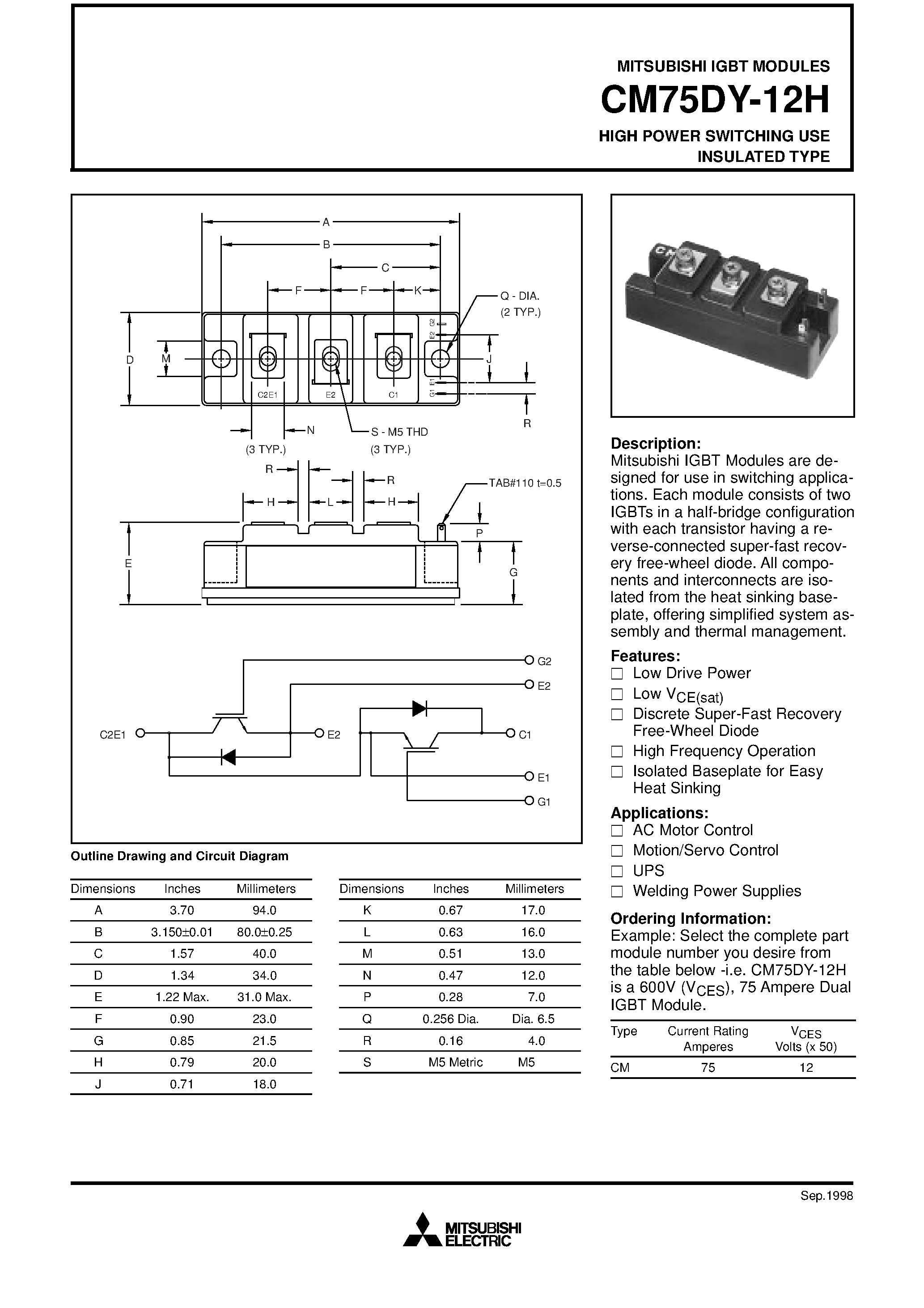 Даташит на микросхему CM75DY-12H страница 1 Даташит CM75DY-12H - HIGH POWER SWITCHING USE INSULATED TYPE страница 1