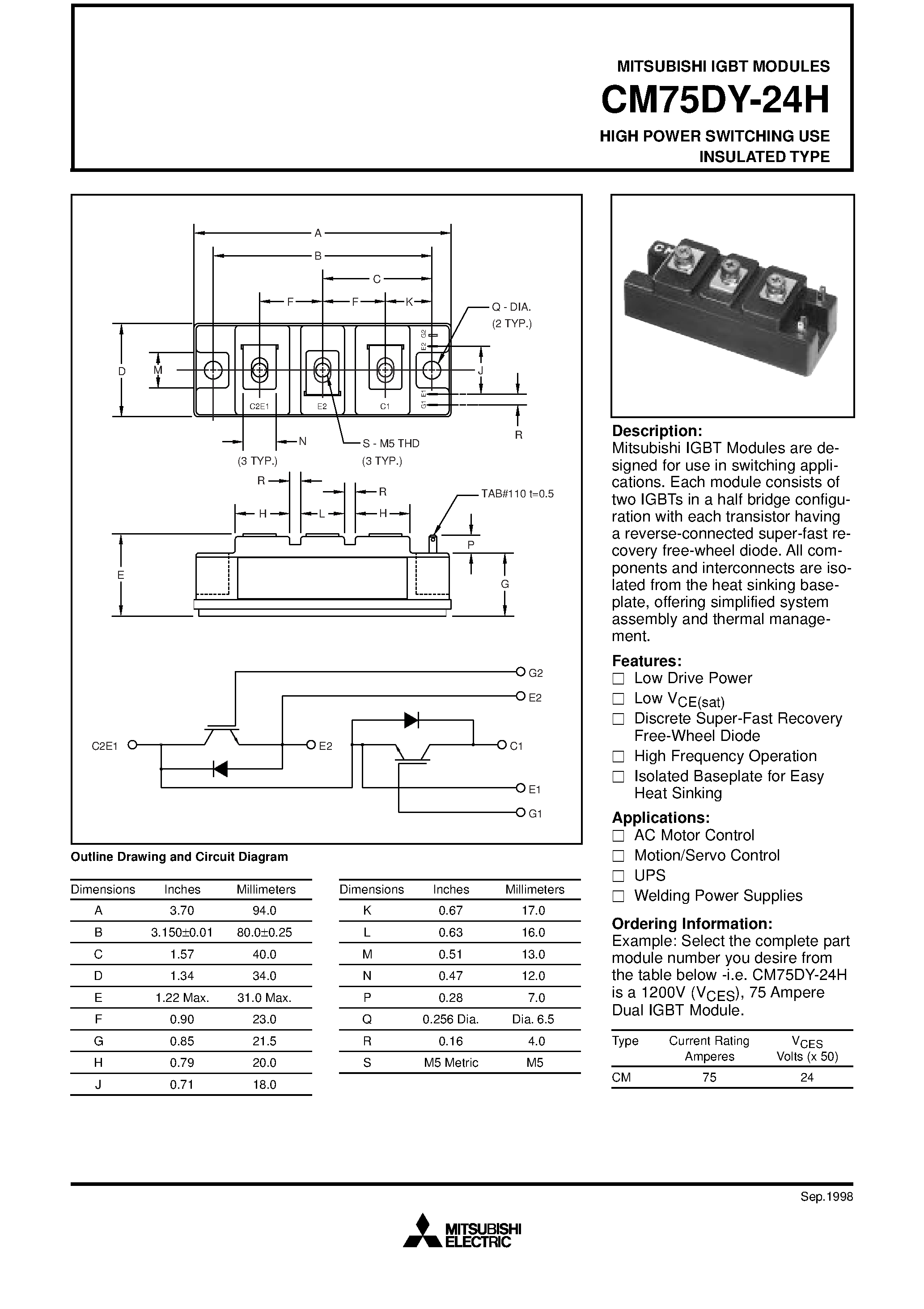 Даташит на микросхему CM75DY-24H страница 1 Даташит CM75DY-24H - HIGH POWER SWITCHING USE INSULATED TYPE страница 1