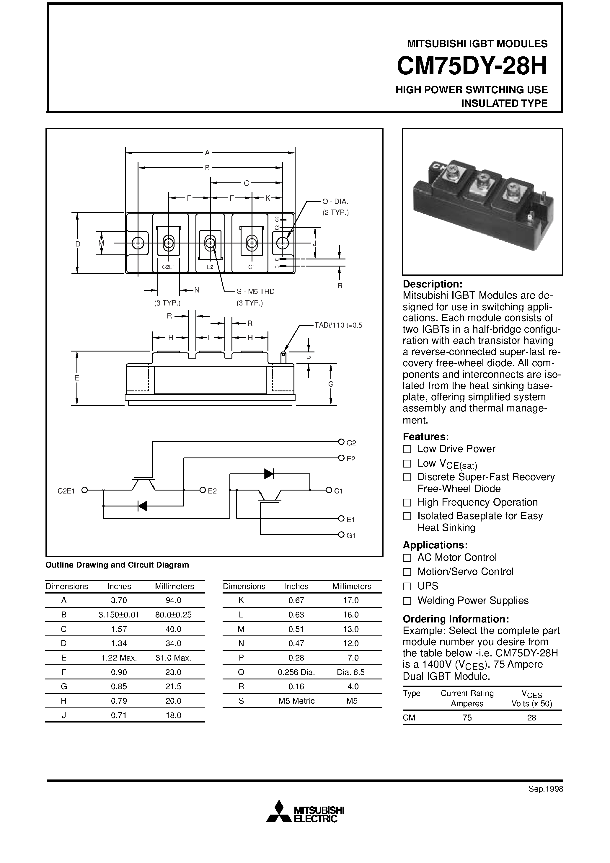 Даташит на микросхему CM75DY-28H страница 1 Даташит CM75DY-28H - HIGH POWER SWITCHING USE INSULATED TYPE страница 1