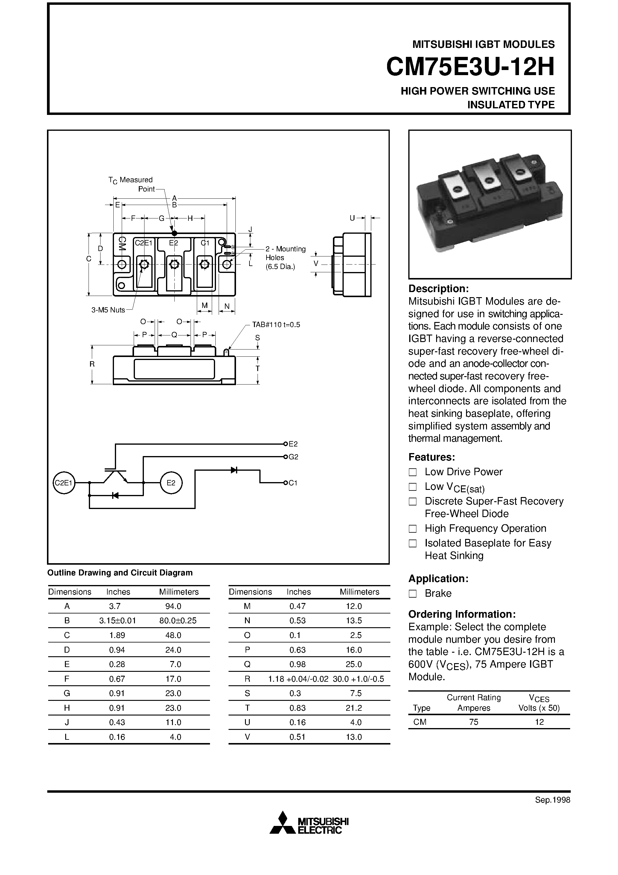 Даташит на микросхему CM75E3U-12H страница 1 Даташит CM75E3U-12H - HIGH POWER SWITCHING USE INSULATED TYPE страница 1