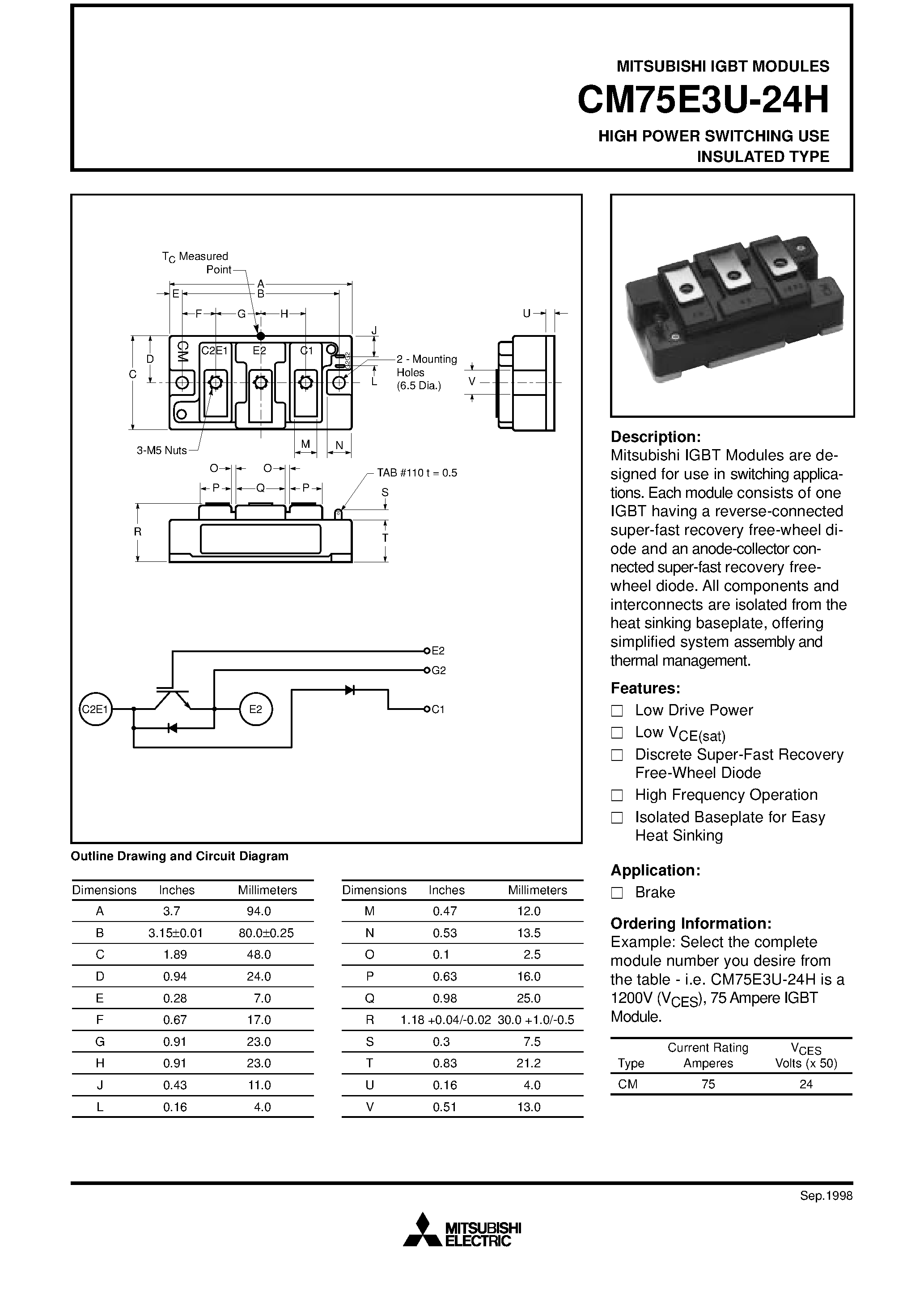 Даташит на микросхему CM75E3U-24H страница 1 Даташит CM75E3U-24H - HIGH POWER SWITCHING USE INSULATED TYPE страница 1