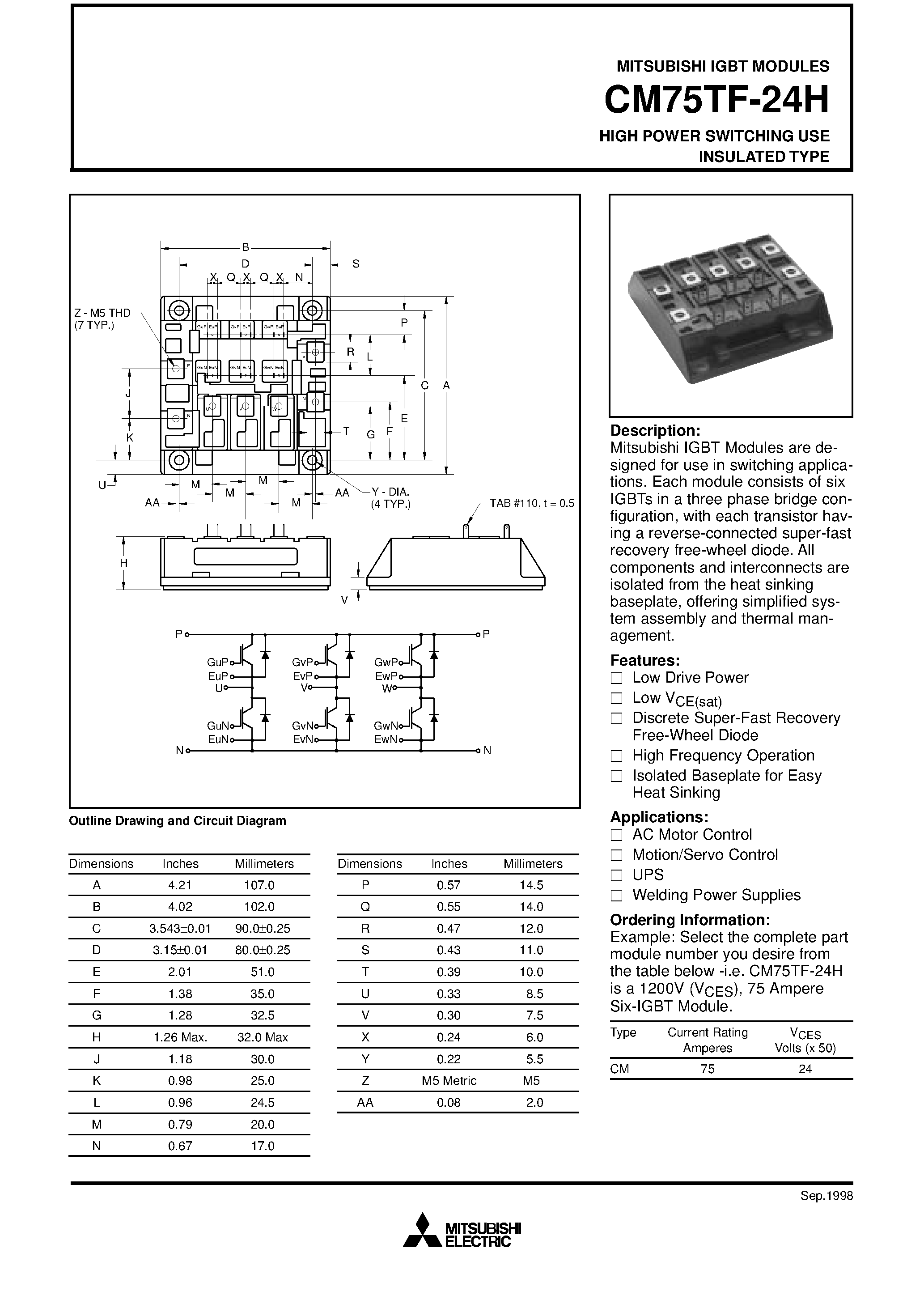 Даташит на микросхему CM75TF-24H страница 1 Даташит CM75TF-24H - HIGH POWER SWITCHING USE INSULATED TYPE страница 1