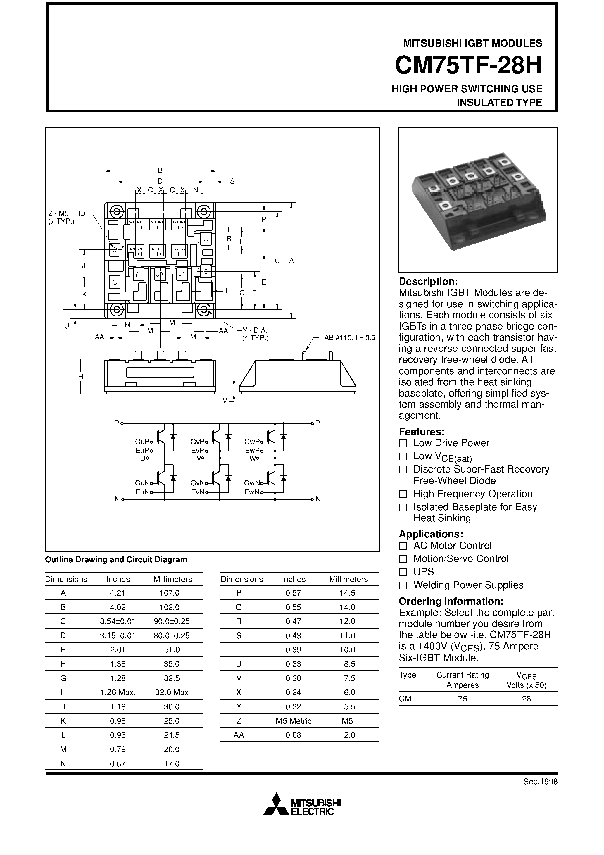 Даташит на микросхему CM75TF-28H страница 1 Даташит CM75TF-28H - HIGH POWER SWITCHING USE INSULATED TYPE страница 1