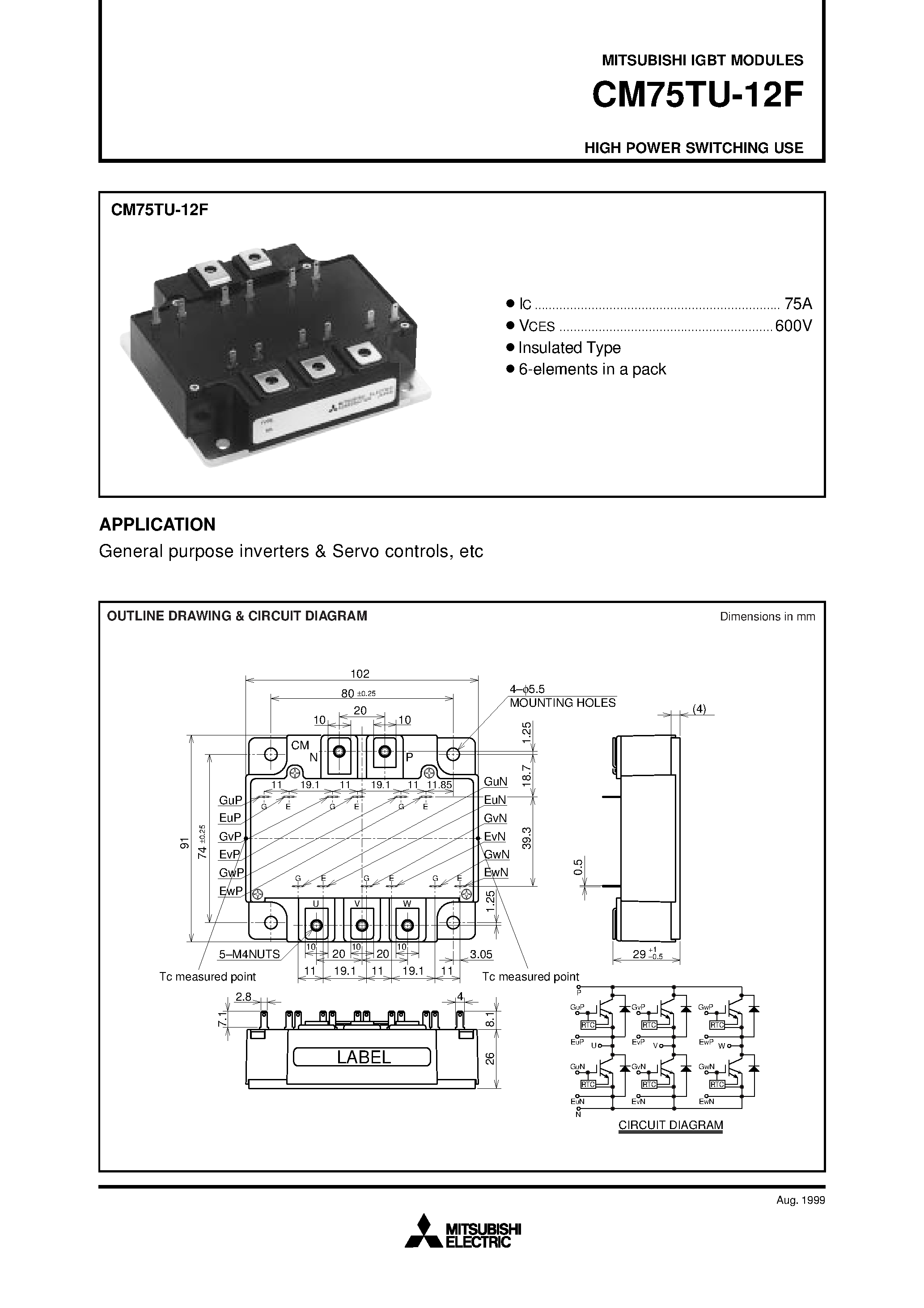Даташит на микросхему CM75TU-12F страница 1 Даташит CM75TU-12F - HIGH POWER SWITCHING USE страница 1