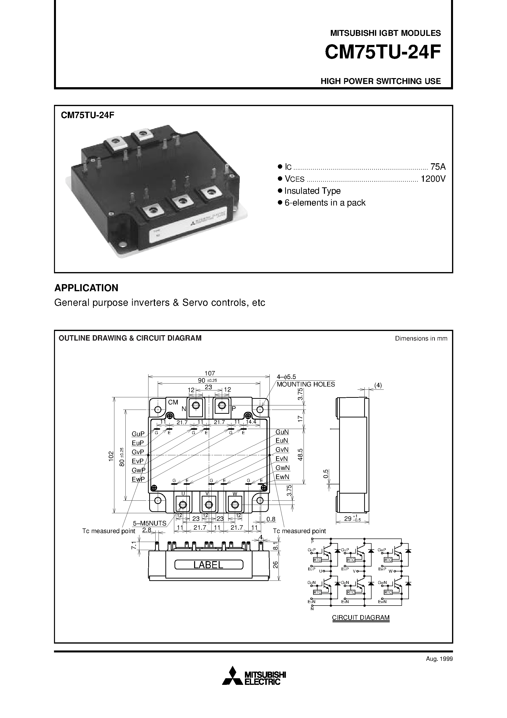 Даташит на микросхему CM75TU-24F страница 1 Даташит CM75TU-24F - HIGH POWER SWITCHING USE страница 1