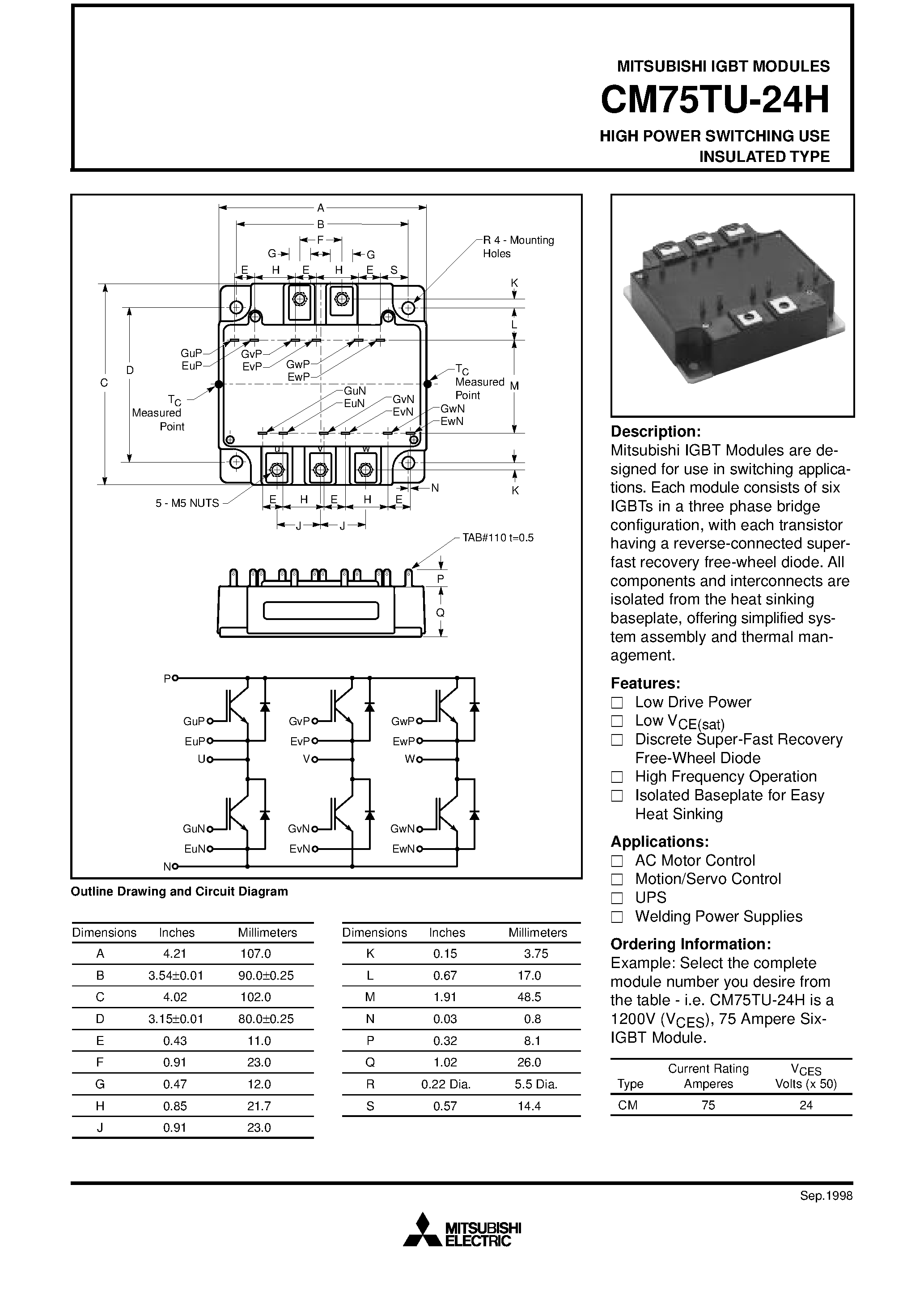 Даташит на микросхему CM75TU-24H страница 1 Даташит CM75TU-24H - HIGH POWER SWITCHING USE INSULATED TYPE страница 1