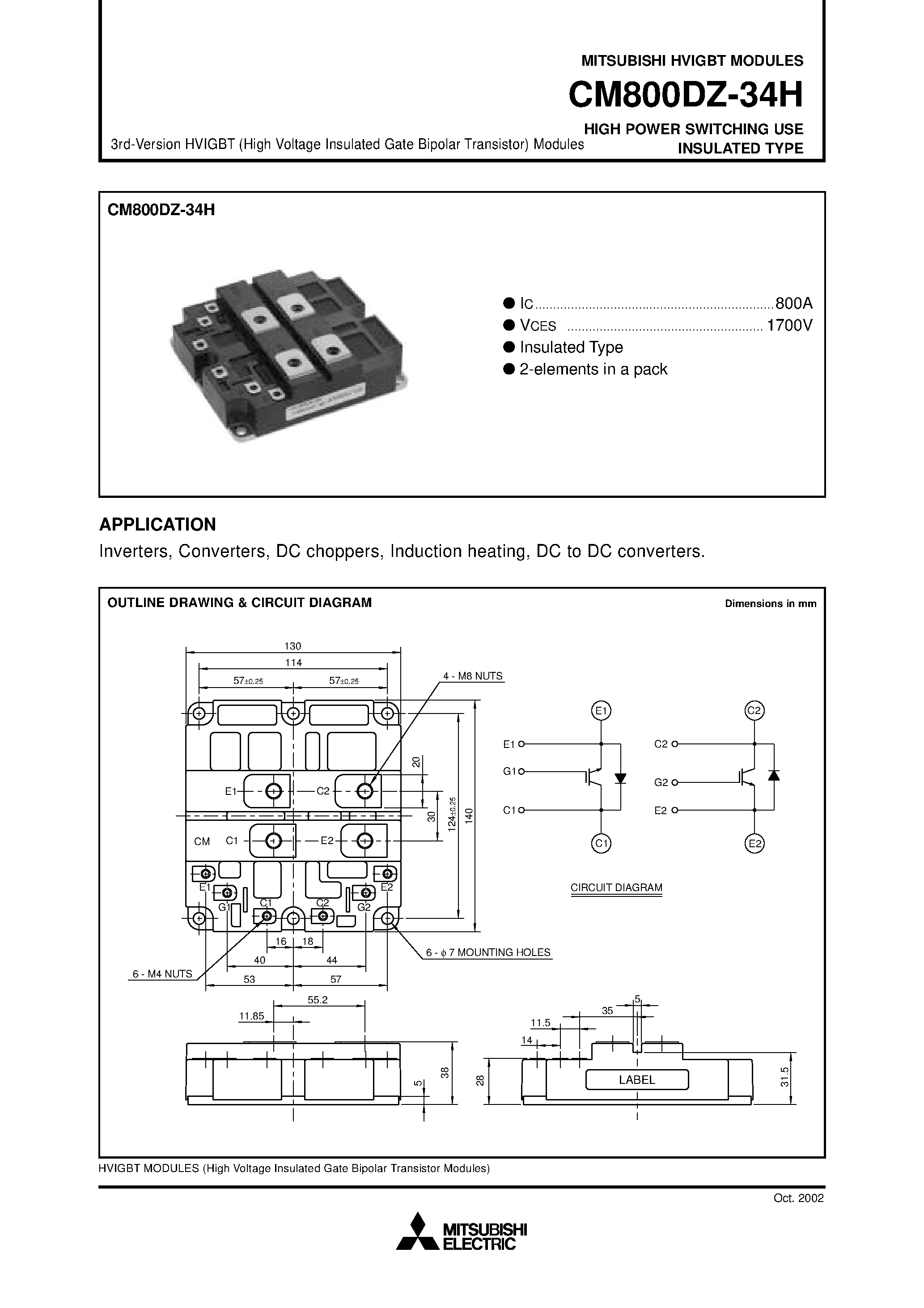 Даташит на микросхему CM800DZ-34H страница 1 Даташит CM800DZ-34H - HIGH POWER SWITCHING USE INSULATED TYPE страница 1