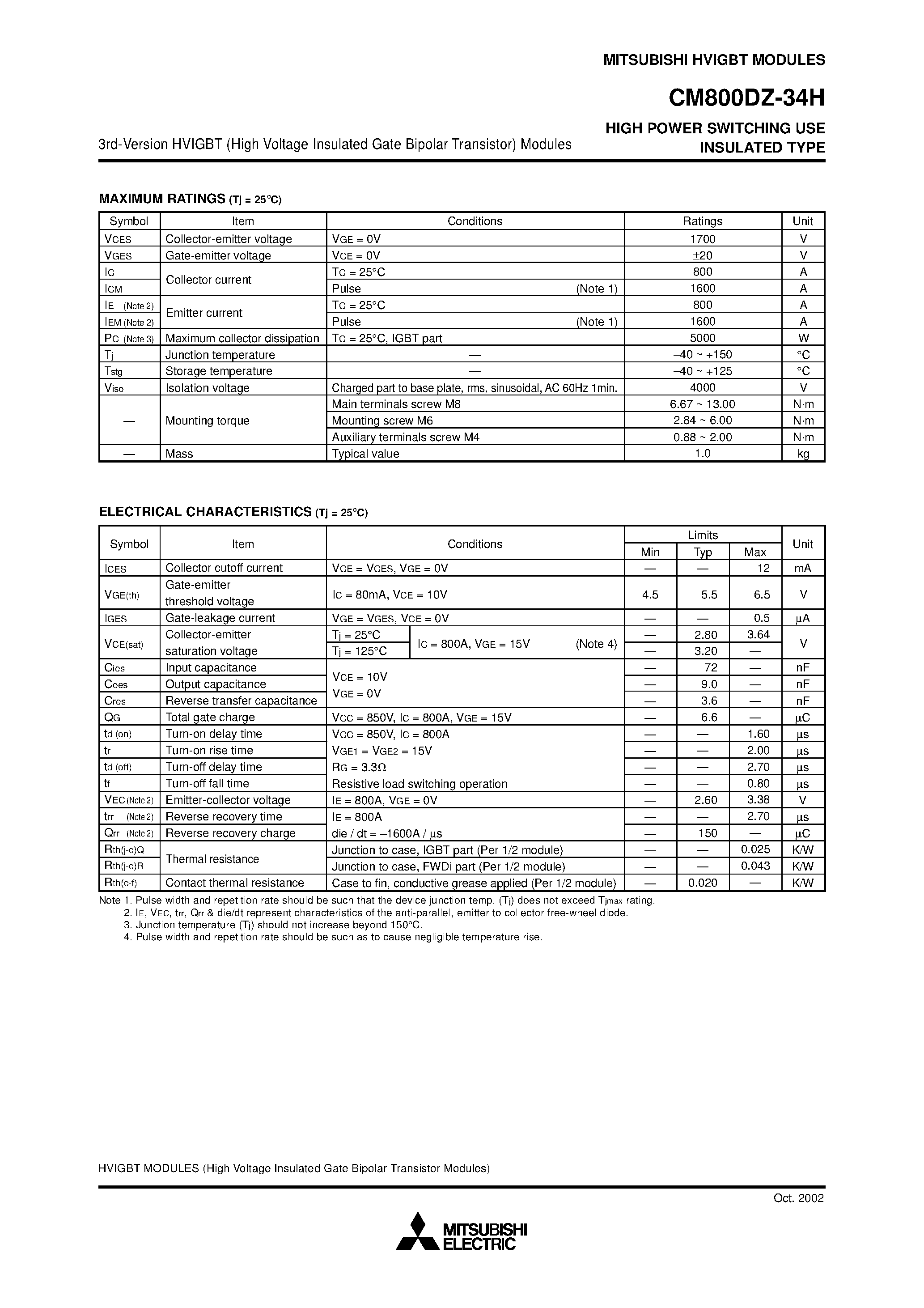 Даташит на микросхему CM800DZ-34H страница 2 Даташит CM800DZ-34H - HIGH POWER SWITCHING USE INSULATED TYPE страница 2