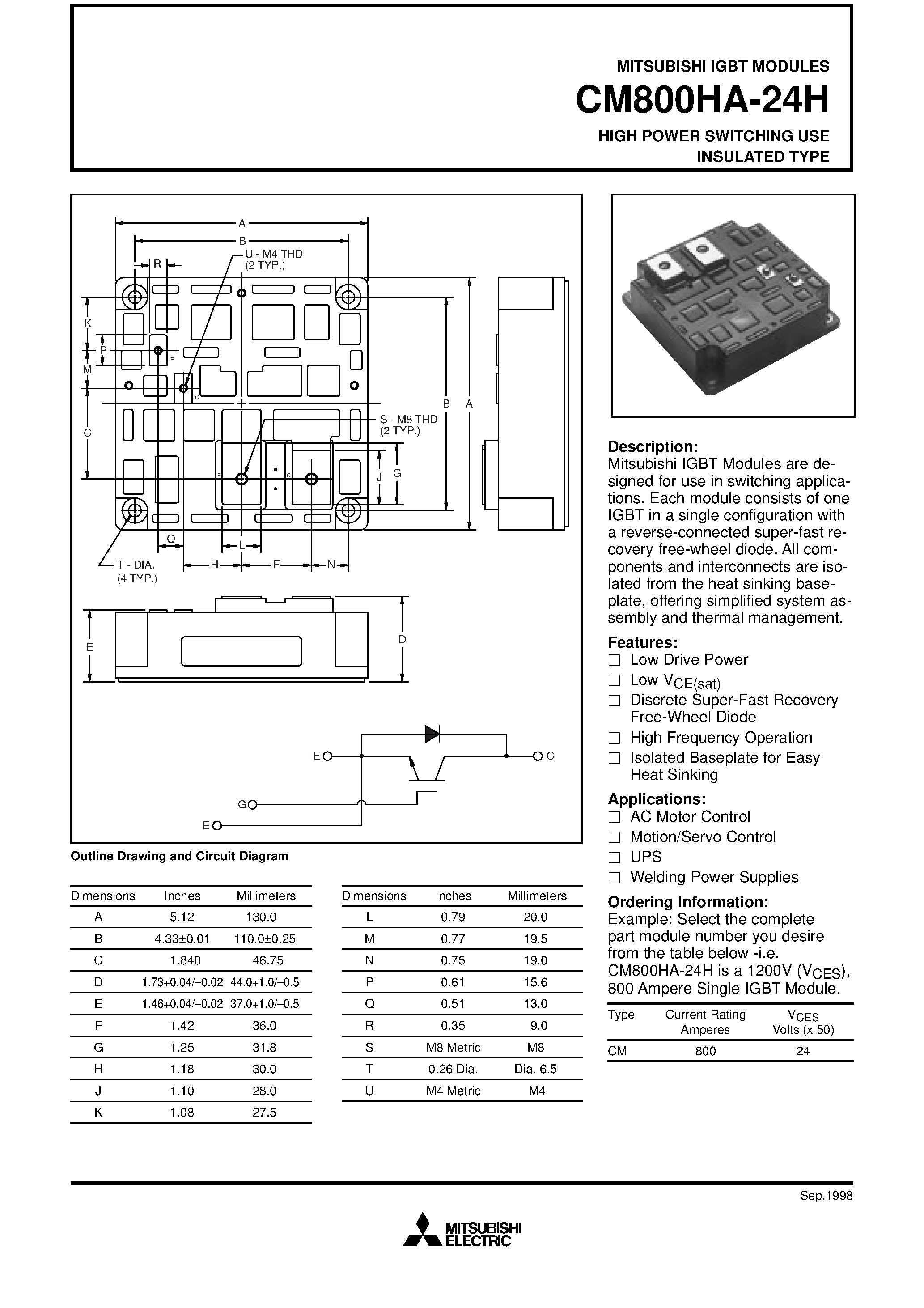 Даташит на микросхему CM800HA-24H страница 1 Даташит CM800HA-24H - HIGH POWER SWITCHING USE INSULATED TYPE страница 1