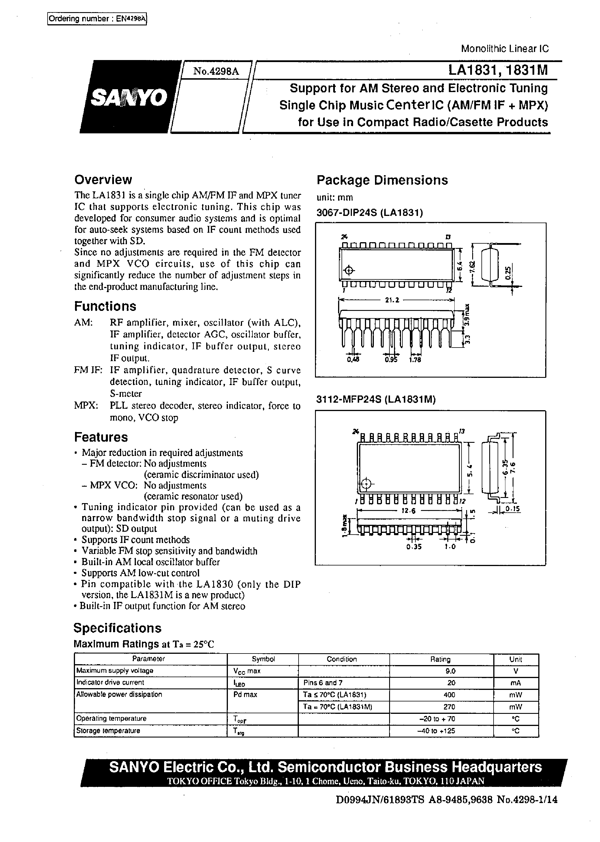 Даташит LA1831M - Support for AM Stereo and Electronic Tuning Single Chip Music Center IC (AM/FM IF + MPX) for Use in Compact Radio/Casette Products страница 1