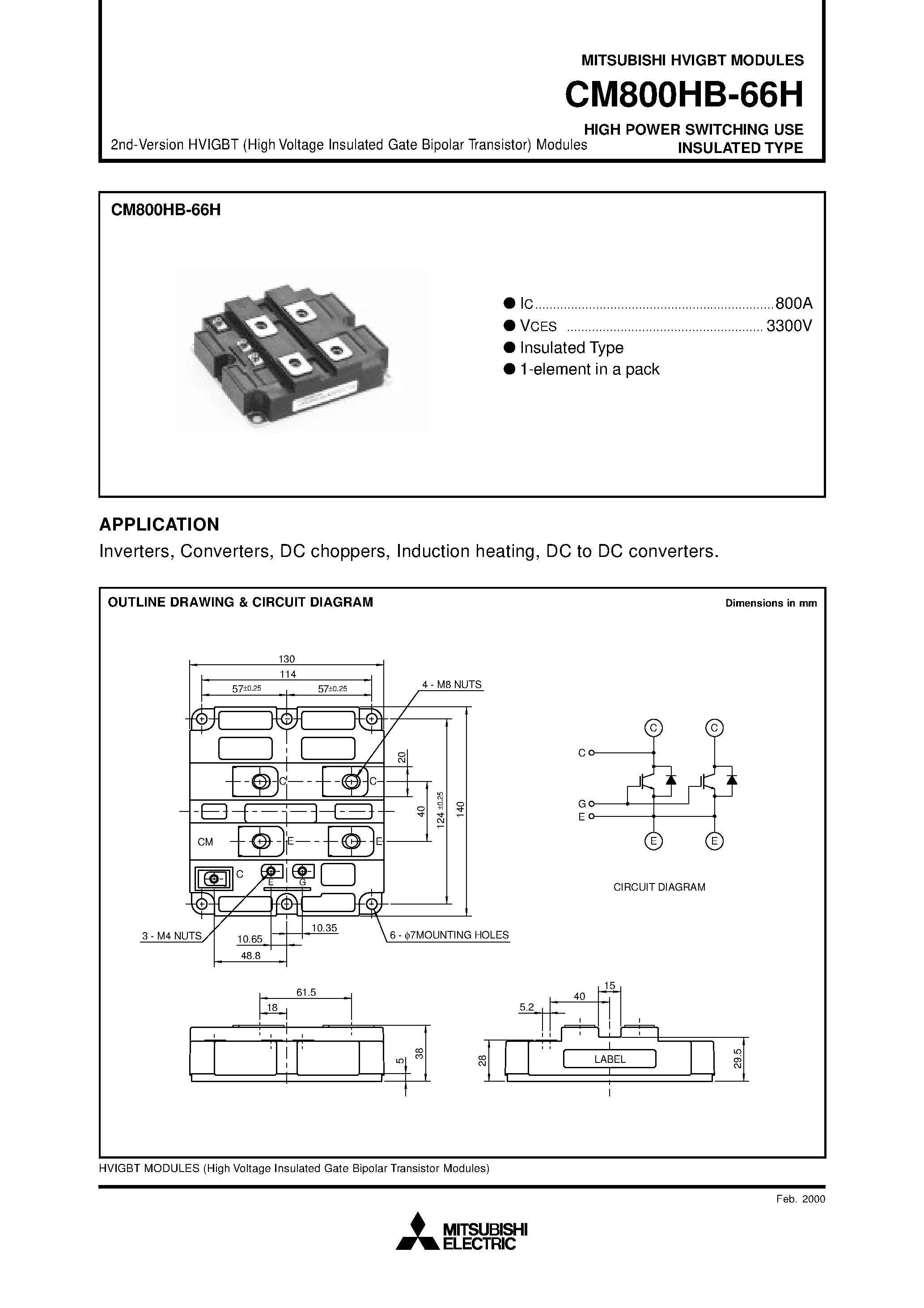 Даташит на микросхему CM800HB-66H страница 1 Даташит CM800HB-66H - HIGH POWER SWITCHING USE INSULATED TYPE страница 1